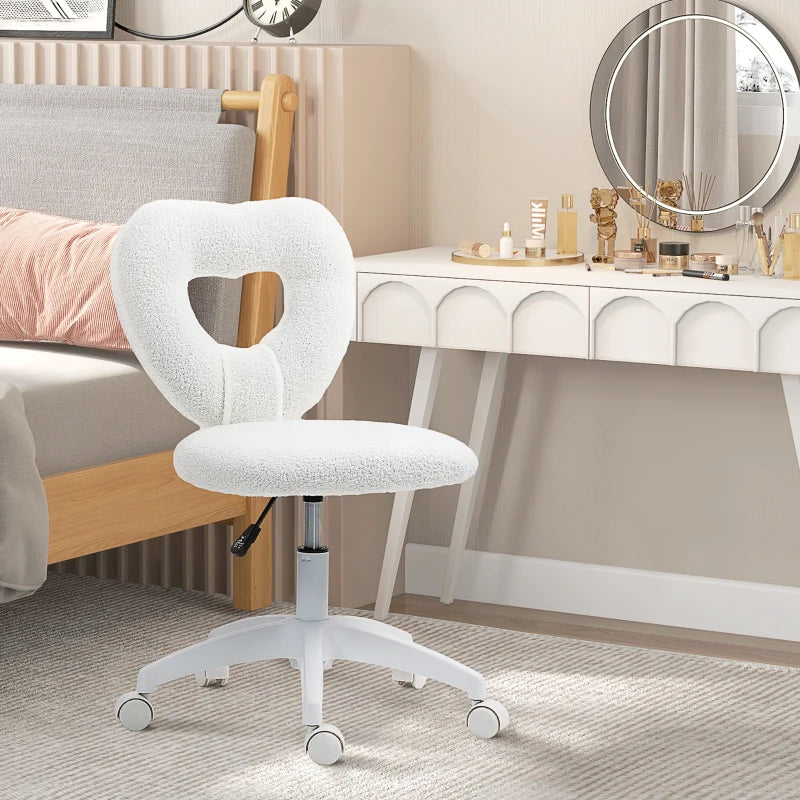 Armless Computer Desk Chair, Office Task Chair, Teddy Fleece Heart Makeup Vanity Chair with Swivel Wheels, White