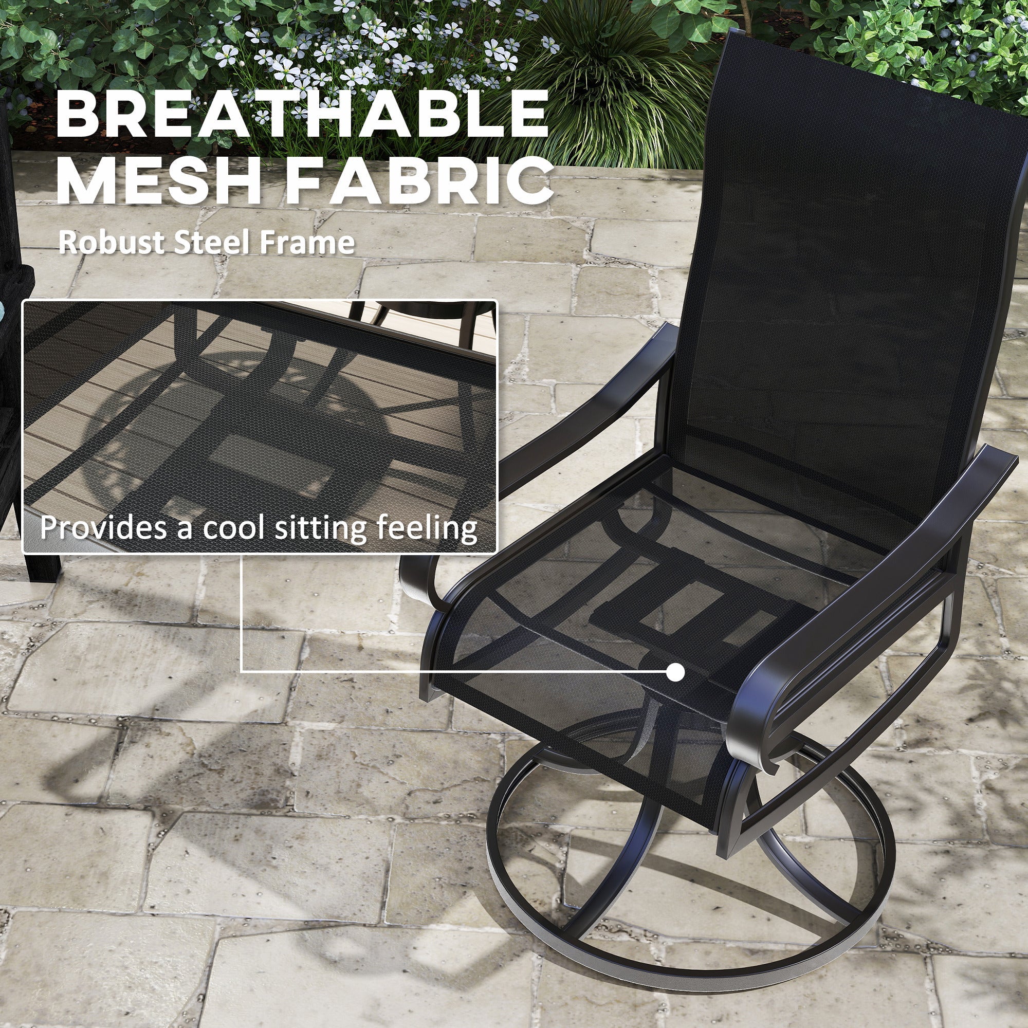 Outsunny 2-Piece Patio Swivel Chairs, 360° Swivel Rocking Chairs with Curved Armrests, S Shape Backrest, Breathable Mesh Seat & Backrest for Yard, Lawn, Porch, Garden, Black 