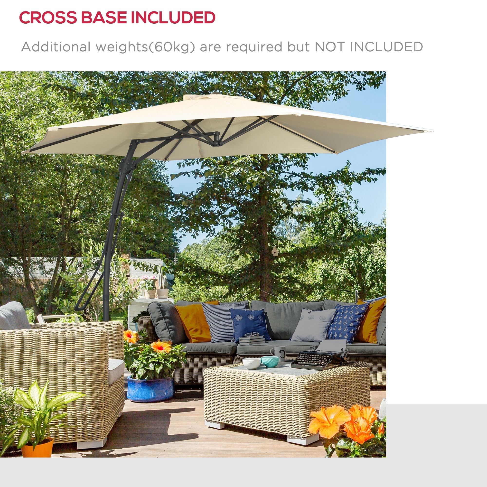 Outsunny 10ft Cantilever Patio Umbrella Offset Parasol with Crank Handle, Cross Base for Garden, Deck, Cream White 