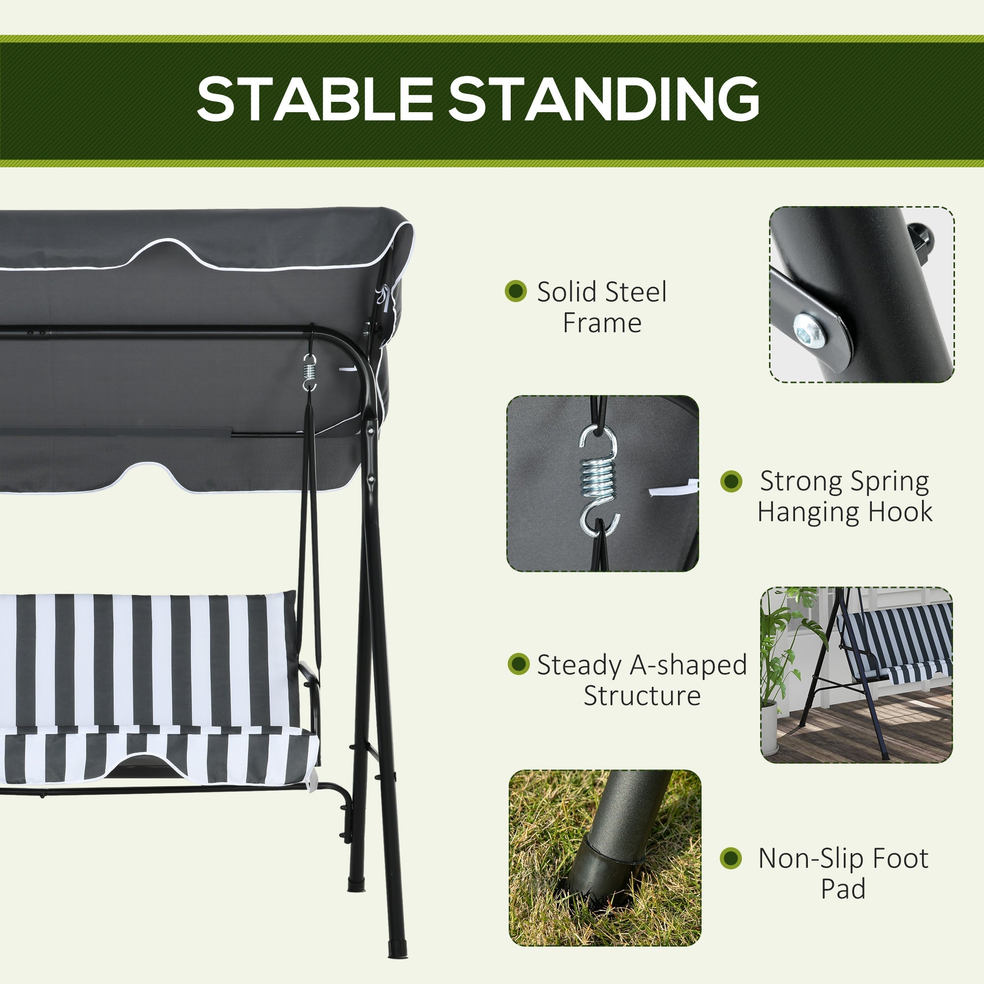 Outsunny 3-Seater Outdoor Porch Swing with Adjustable Canopy Shade: Patio Swing Chair for Garden Poolside Backyard Grey and White 