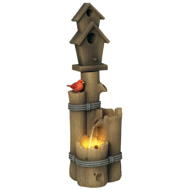 Outdoor Fountain, Garden Waterfall with Birdhouse, 3-Tier Tree Trunk Design, LED Lights for Porch, Deck, Yard, Brown