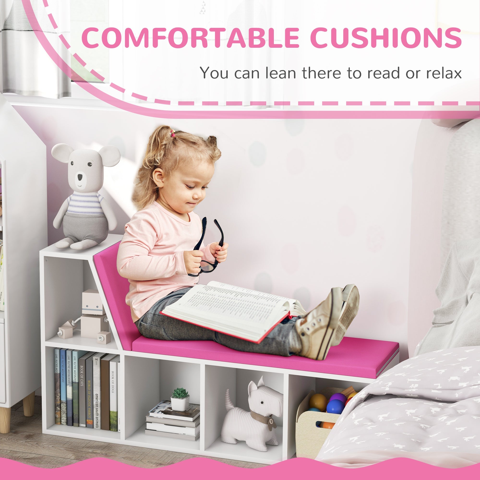 HOMCOM 5-Cube Bookshelf with Reading Nook Cushioned Kids Bookcase Storage Shelves Pink 