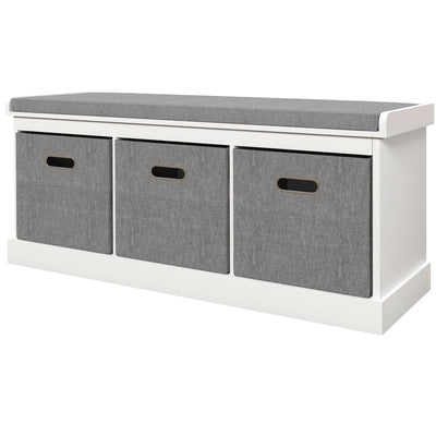 HOMCOM Shoe Storage Entryway Bench Seat with Cushion 3 Fabric Drawers for Hallway White 