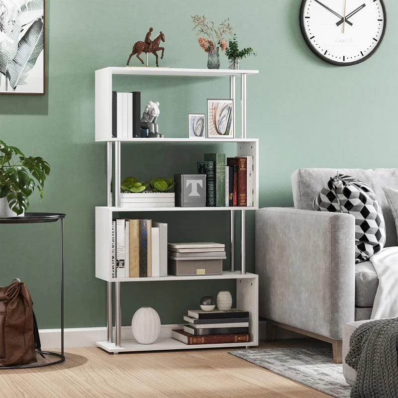 5-Tiers Geometric Wooden Bookcase S-Shaped Storage Bookshelf Display with Metal Frame for Living Room, Bedroom, Home Office, White