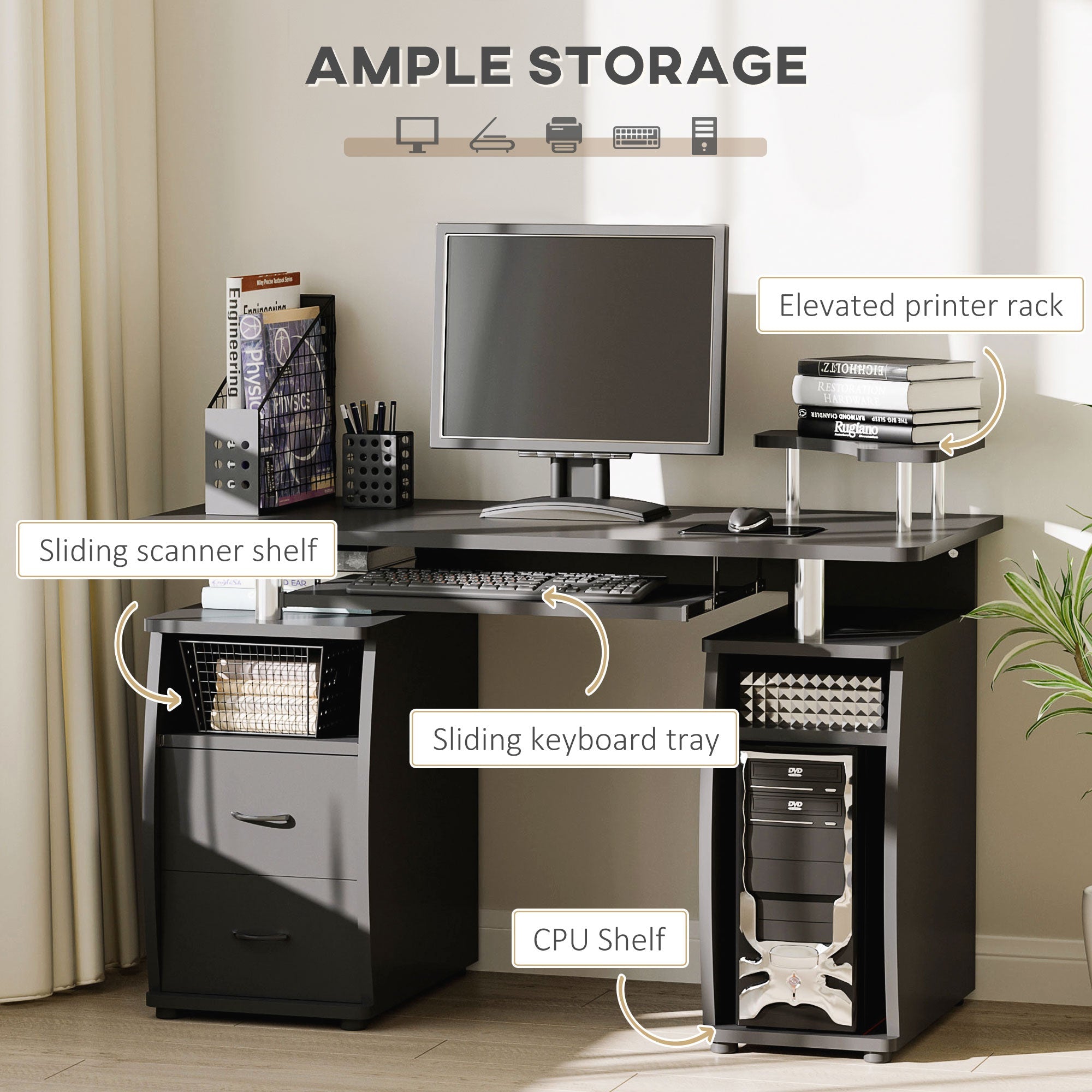 HOMCOM Home Office Computer Desk Keyboard Tray CPU Stand Black Workstation Furniture Study Table 