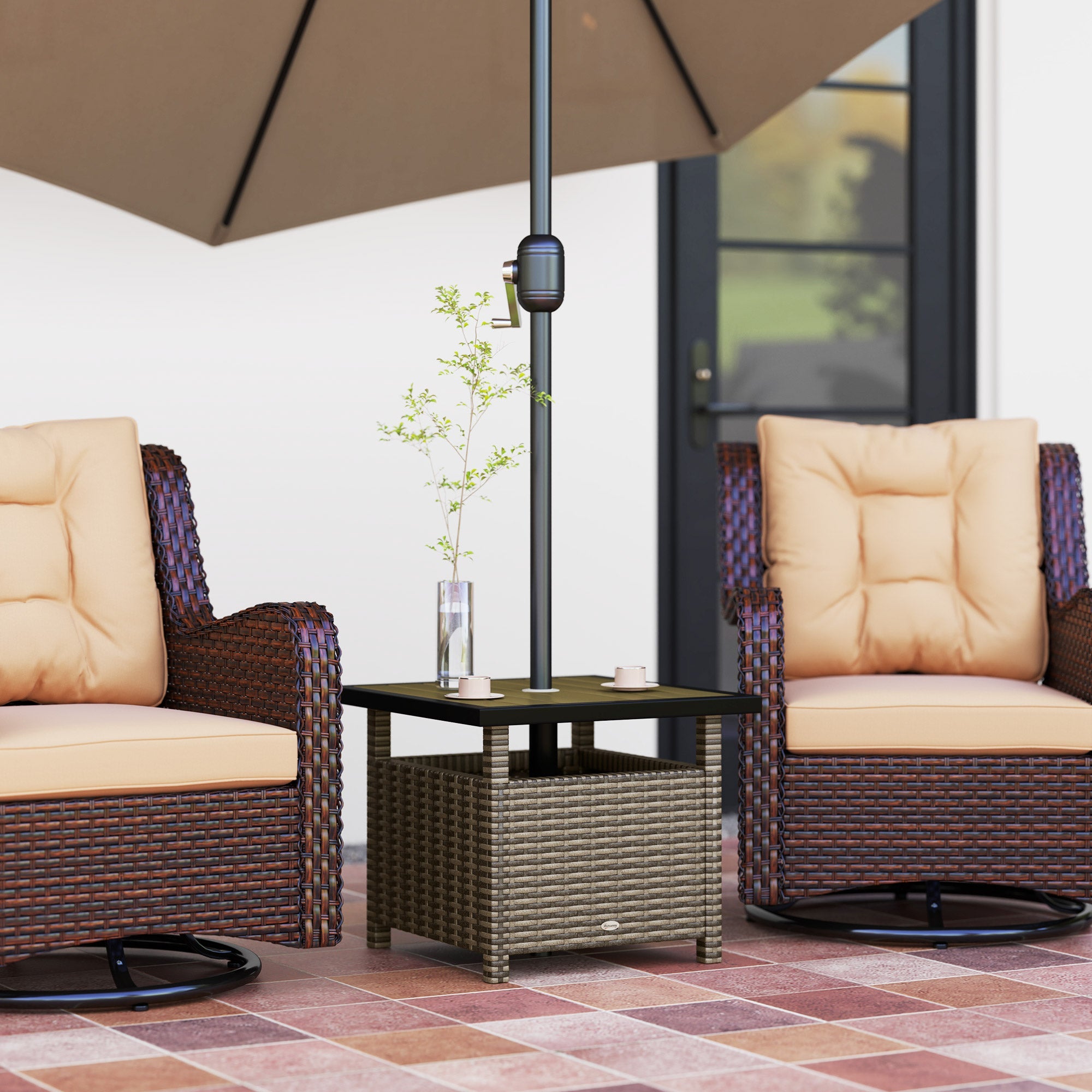 Outsunny 22" Square Steel PE Rattan Wicker Table With Umbrella Hole, Outdoor Patio Accent Dining Side Table Used as Umbrella Stand, Mixed-Grey 