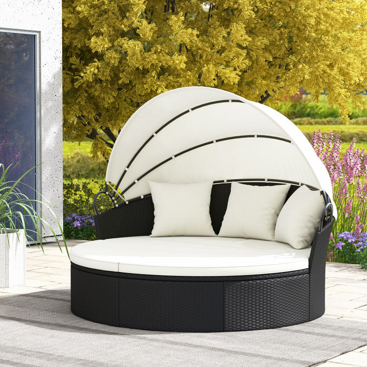 Clamshell Patio Round Daybed with Retractable Canopy, Cushions & Throw Pillows