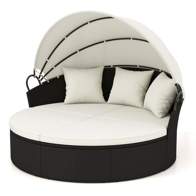 Clamshell Patio Round Daybed with Retractable Canopy, Cushions & Throw Pillows