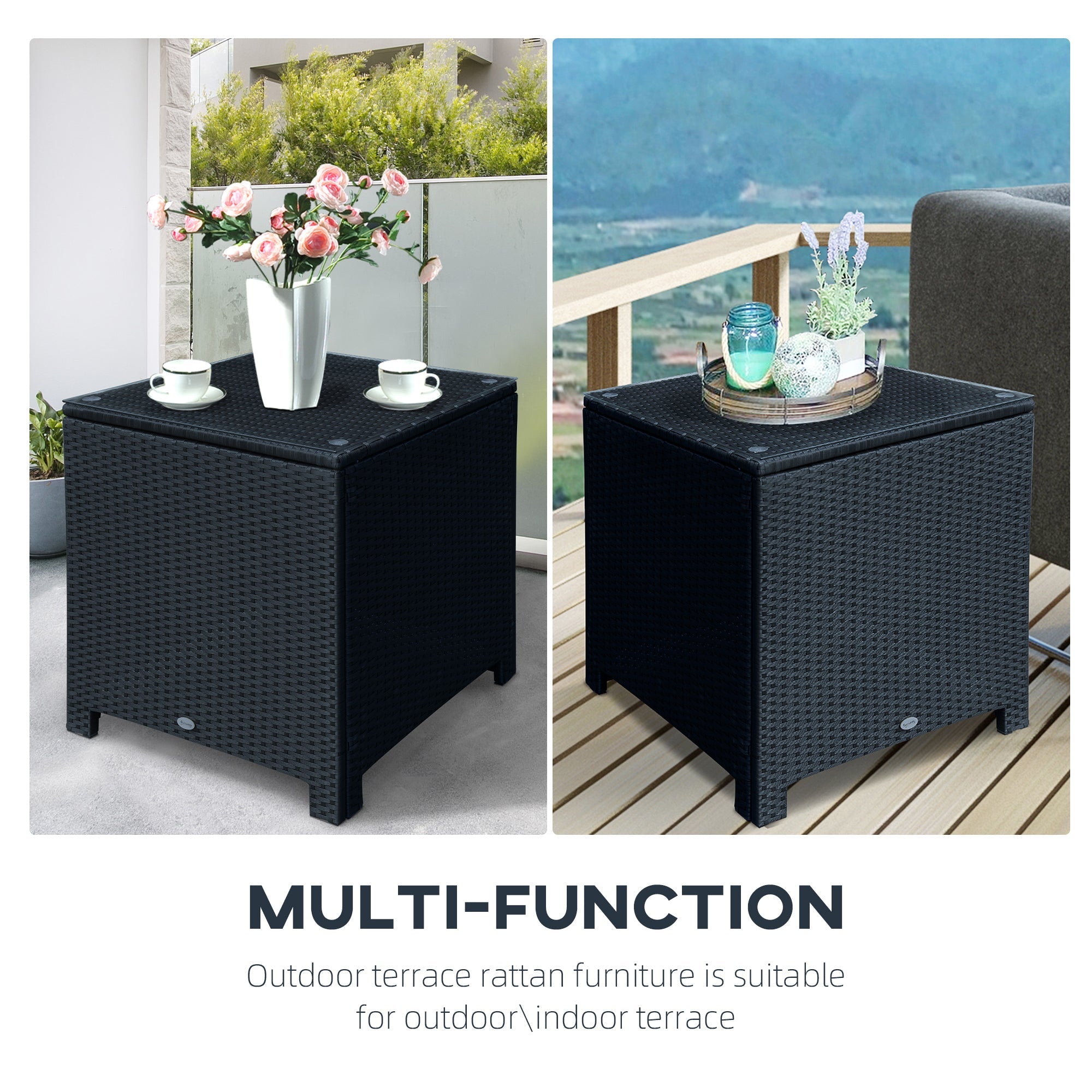 Outsunny Rattan Wicker Side Coffee Table w Glass Top Outdoor Patio Furniture Black 