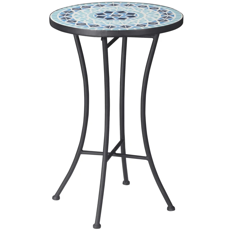 Mosaic Patio Table, Round Coffee Table with Metal Frame, Garden Furniture for Outdoor, Poolside, Blue