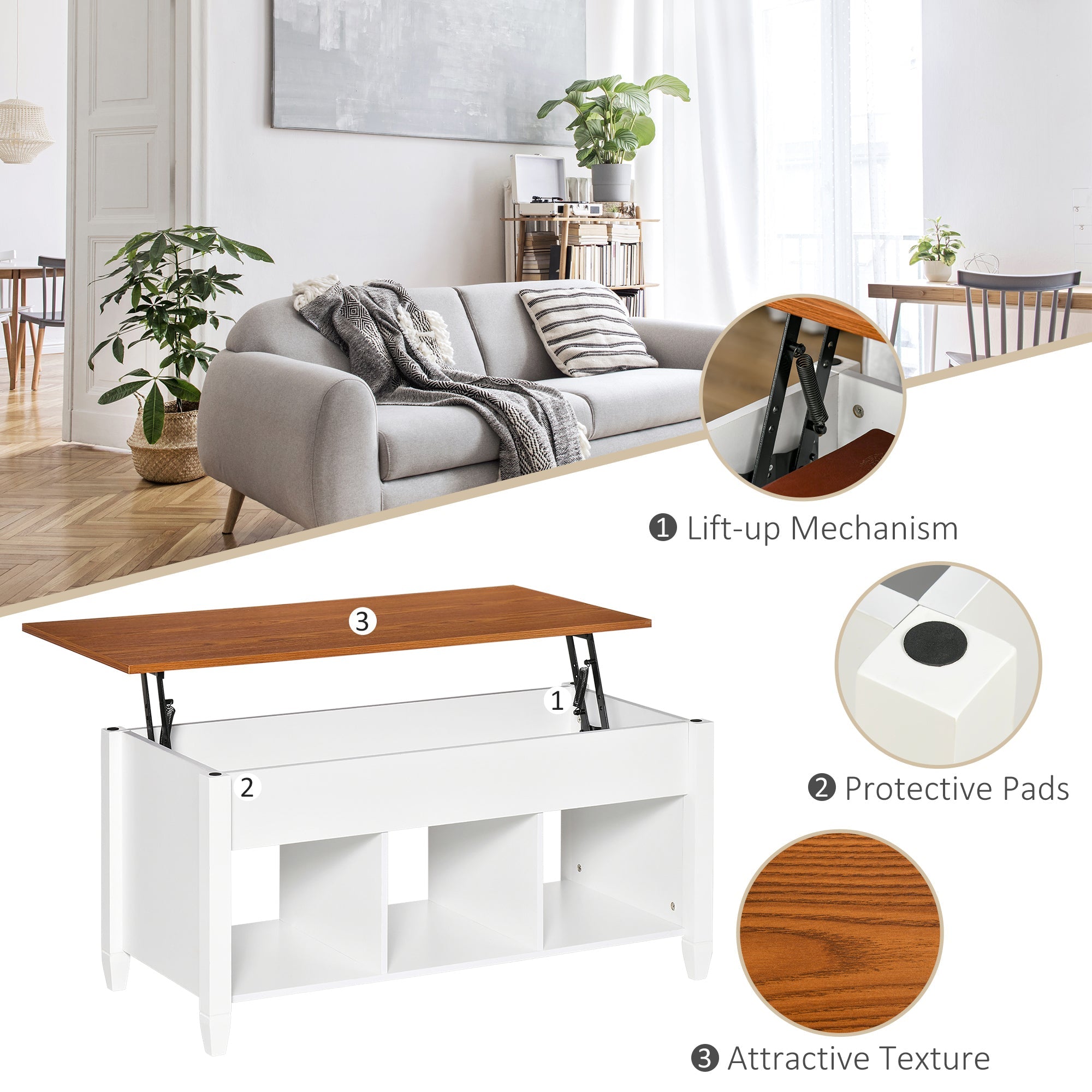 HOMCOM White & Brown Lift Top Coffee Table: Pop-Up Center Table with Hidden Storage, 3 Lower Shelves for Living Room 