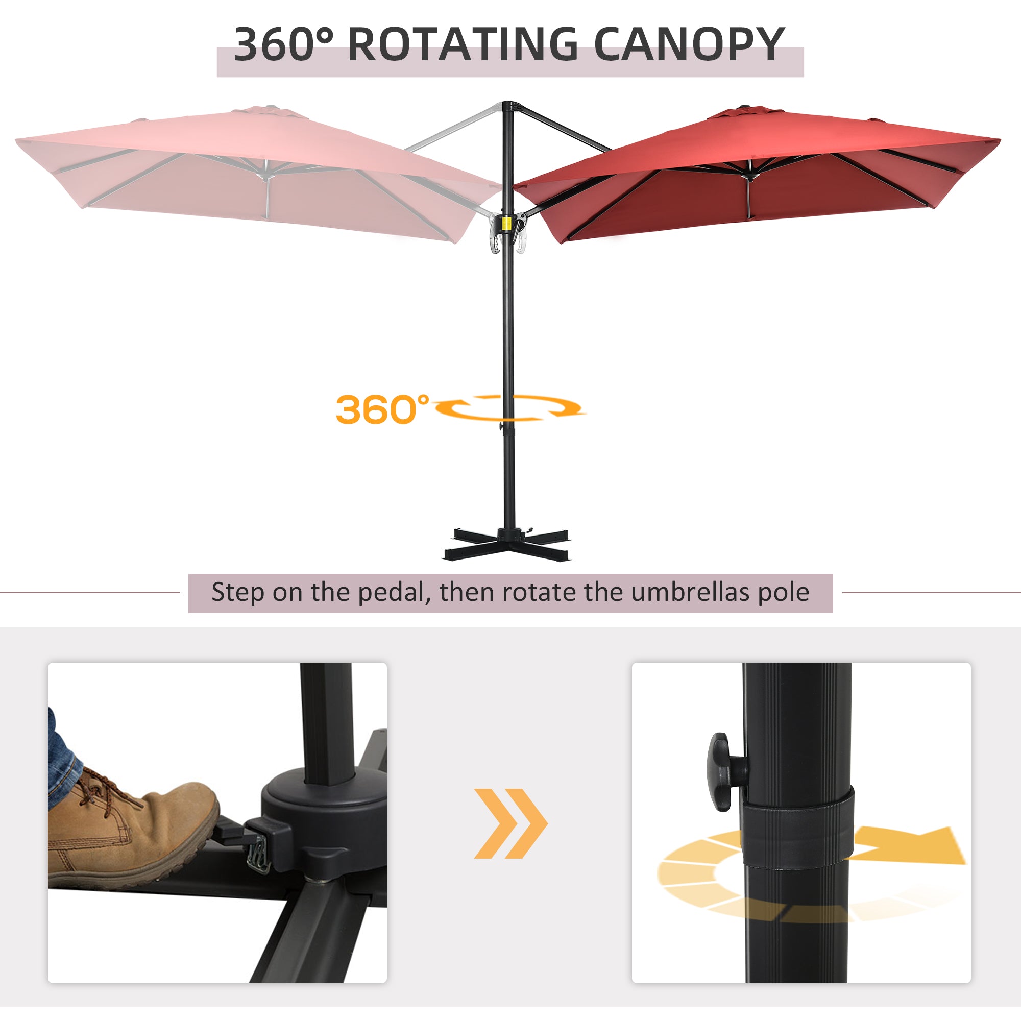 Outsunny Square Patio Hanging Offset Umbrella 8' x 8' Aluminum Cantilever Crank Market Parasol 360° Rotation Cross Base Wine Red 