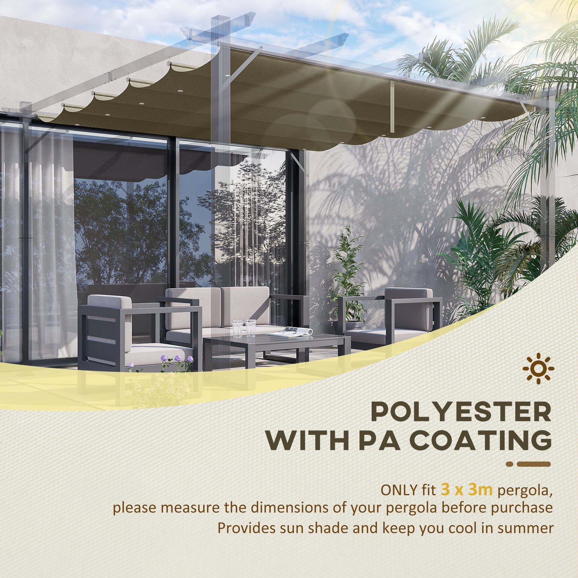 Outsunny Tan Pergola Canopy Replacement, 9.8' Square Retractable Cover for Outdoor Pergolas 