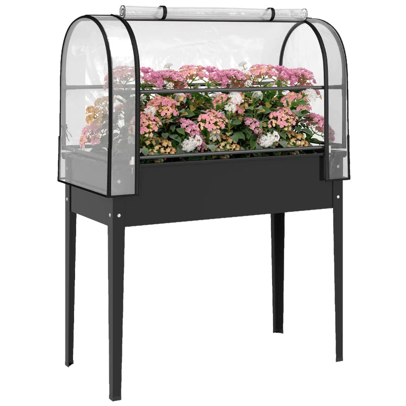 Raised Garden Bed with Flip-Up Greenhouse Cover, Metal Elevated Garden Bed with Legs and Drainage Hole, Black