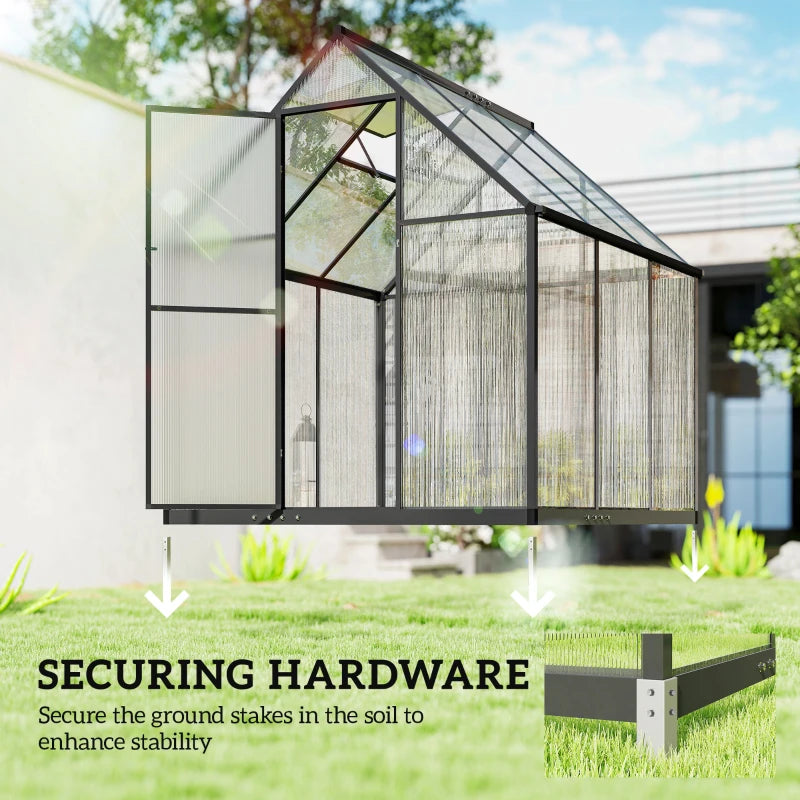 Polycarbonate Greenhouse with Swing Door and Adjustable Window, Walk-in Greenhouse with Rain Gutter, 6 x 6.5ft, Black