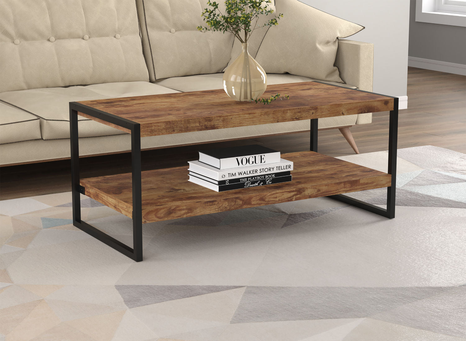 Coffee Table Brown Reclaimed Wood Black Metal 