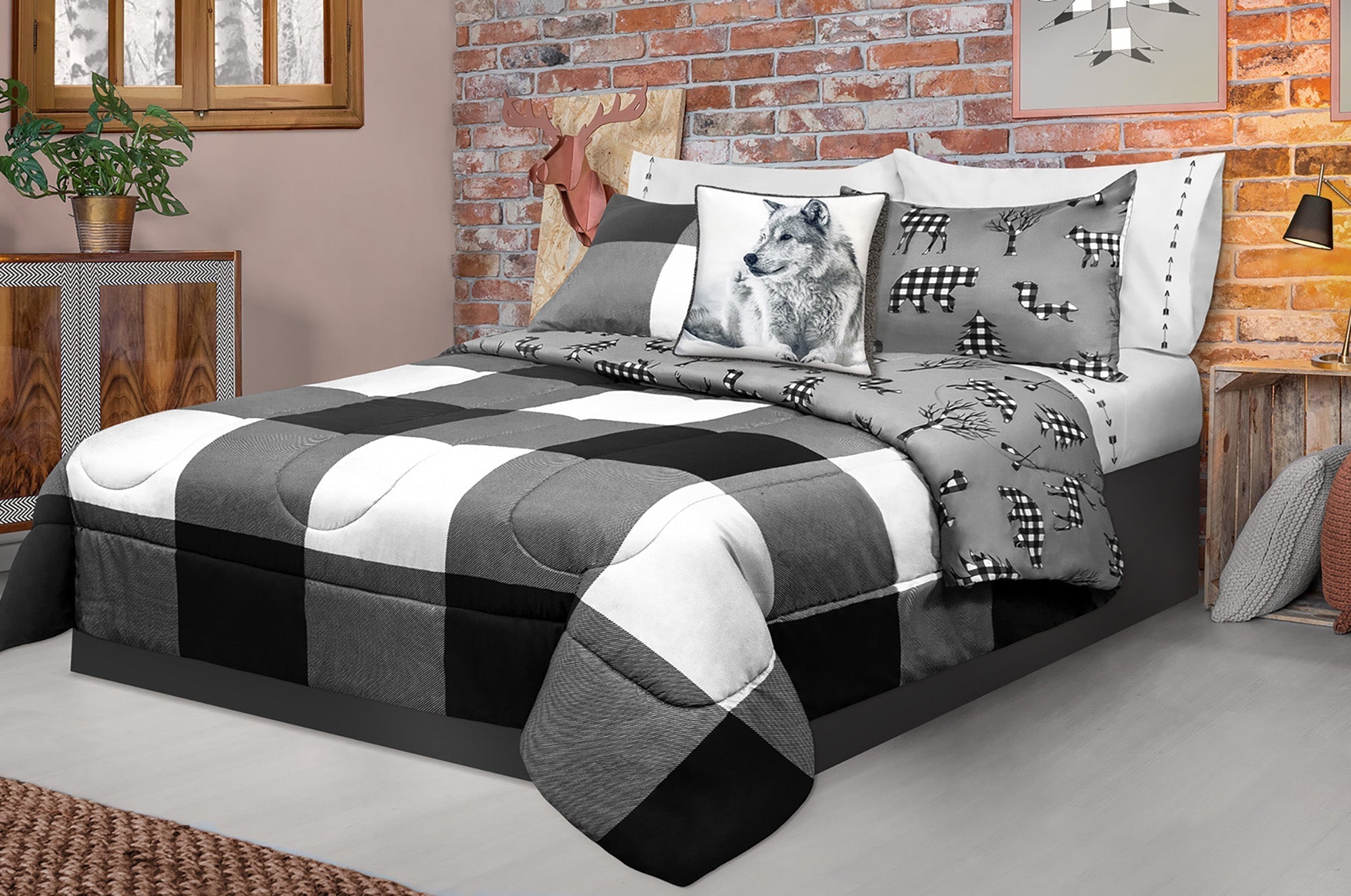 Comforter 3 Piece Set Double/Queen Printed Buffalo Plaid White/Black 