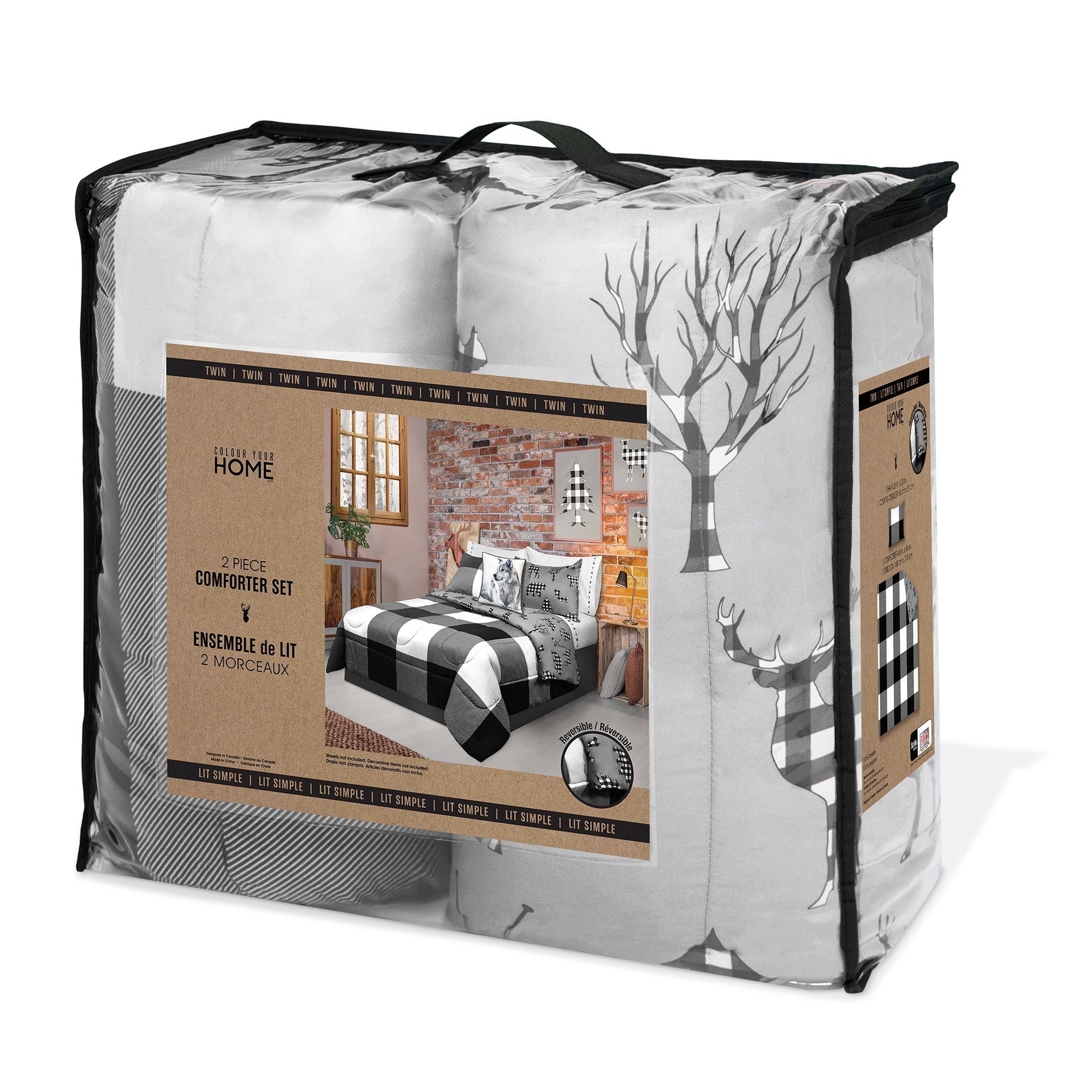 Comforter 3 Piece Set Double/Queen Printed Buffalo Plaid White/Black 