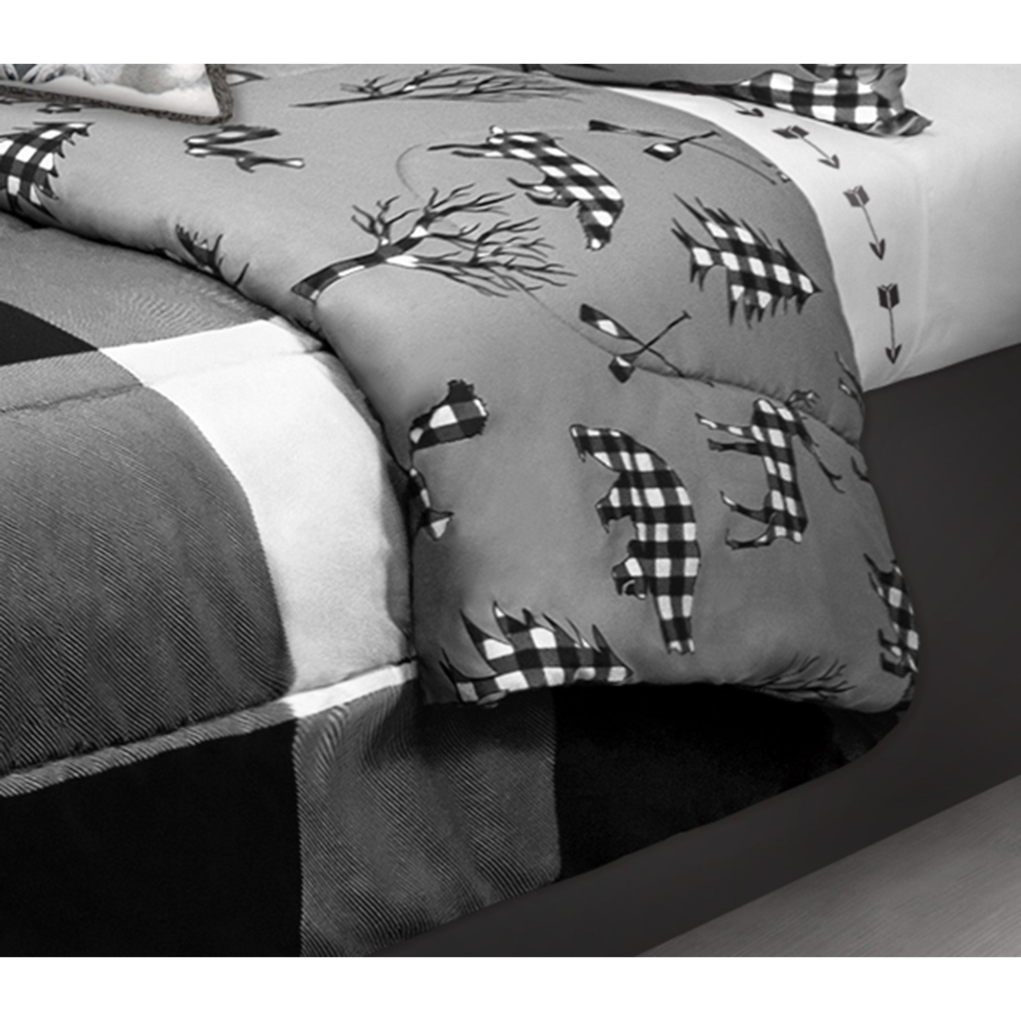 Comforter 3 Piece Set King Printed Buffalo Plaid White/Black 