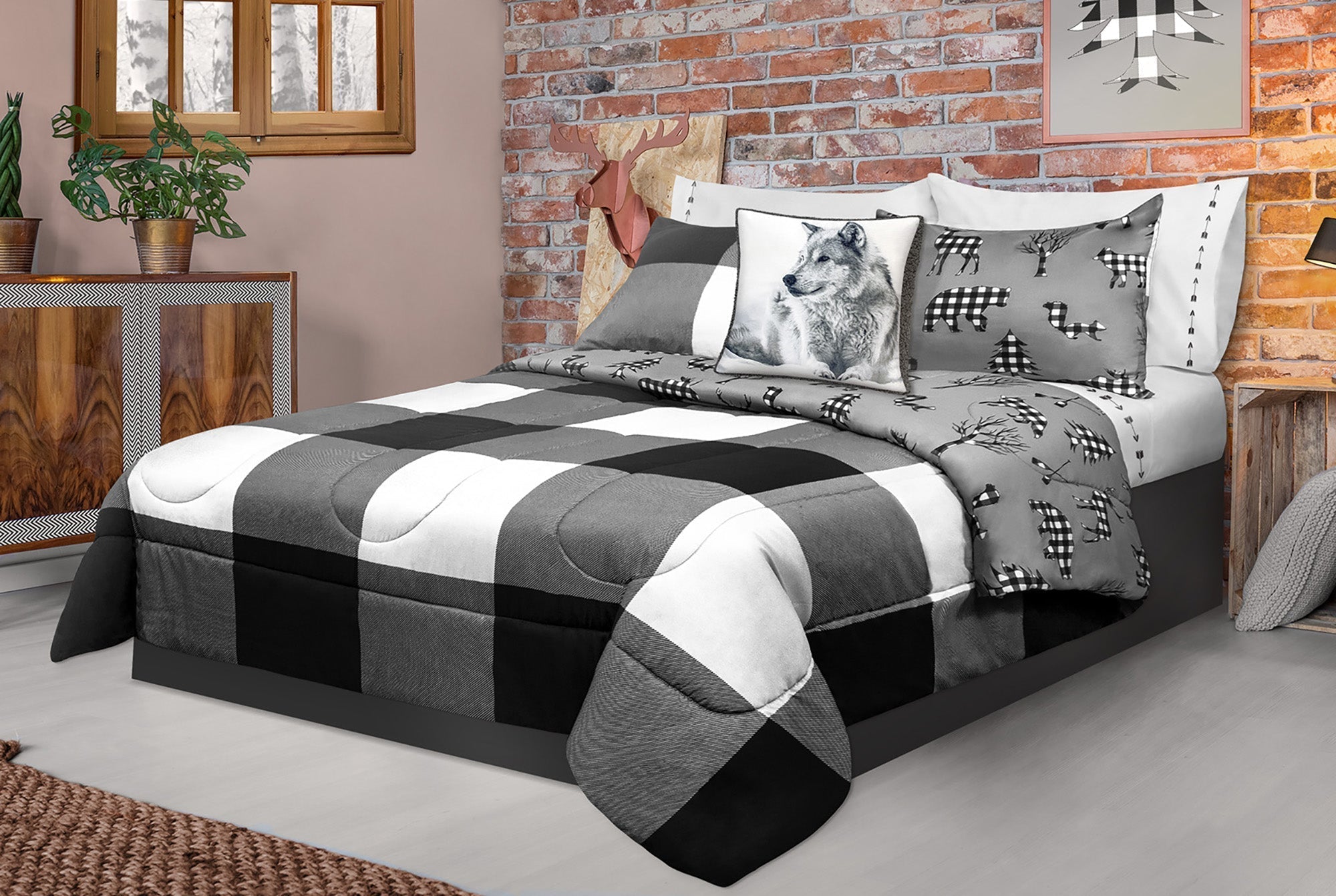Comforter 3 Piece Set King Printed Buffalo Plaid White/Black 
