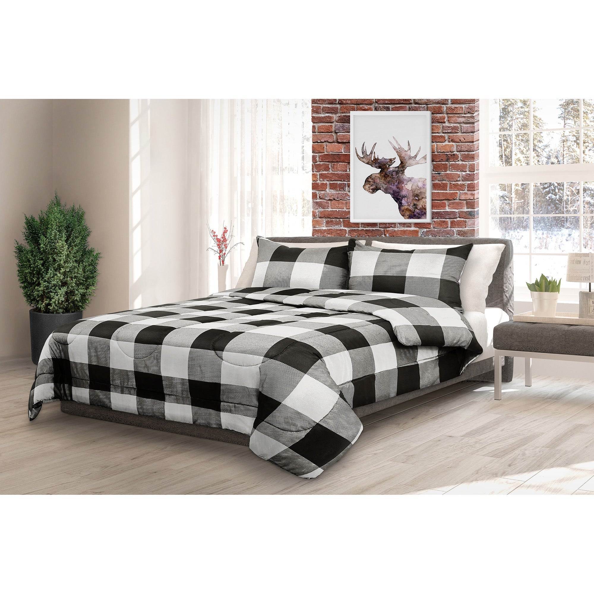 Comforter Bedding Set 3 Piece Buffalo Plaid White/Black, King 