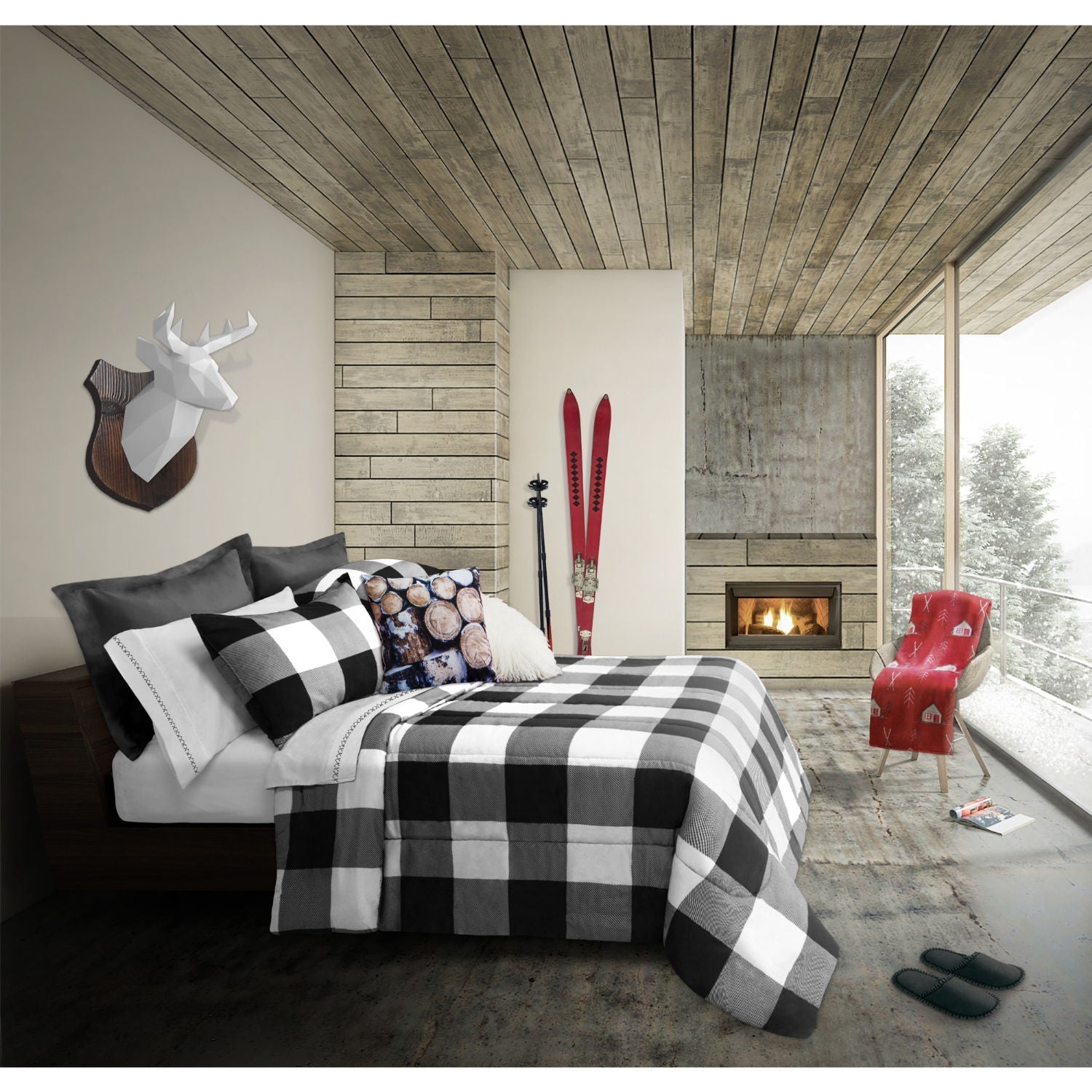 Comforter Bedding Set 3 Piece Reversible Double/Queen Buffalo Plaid White/Black -Cabin 