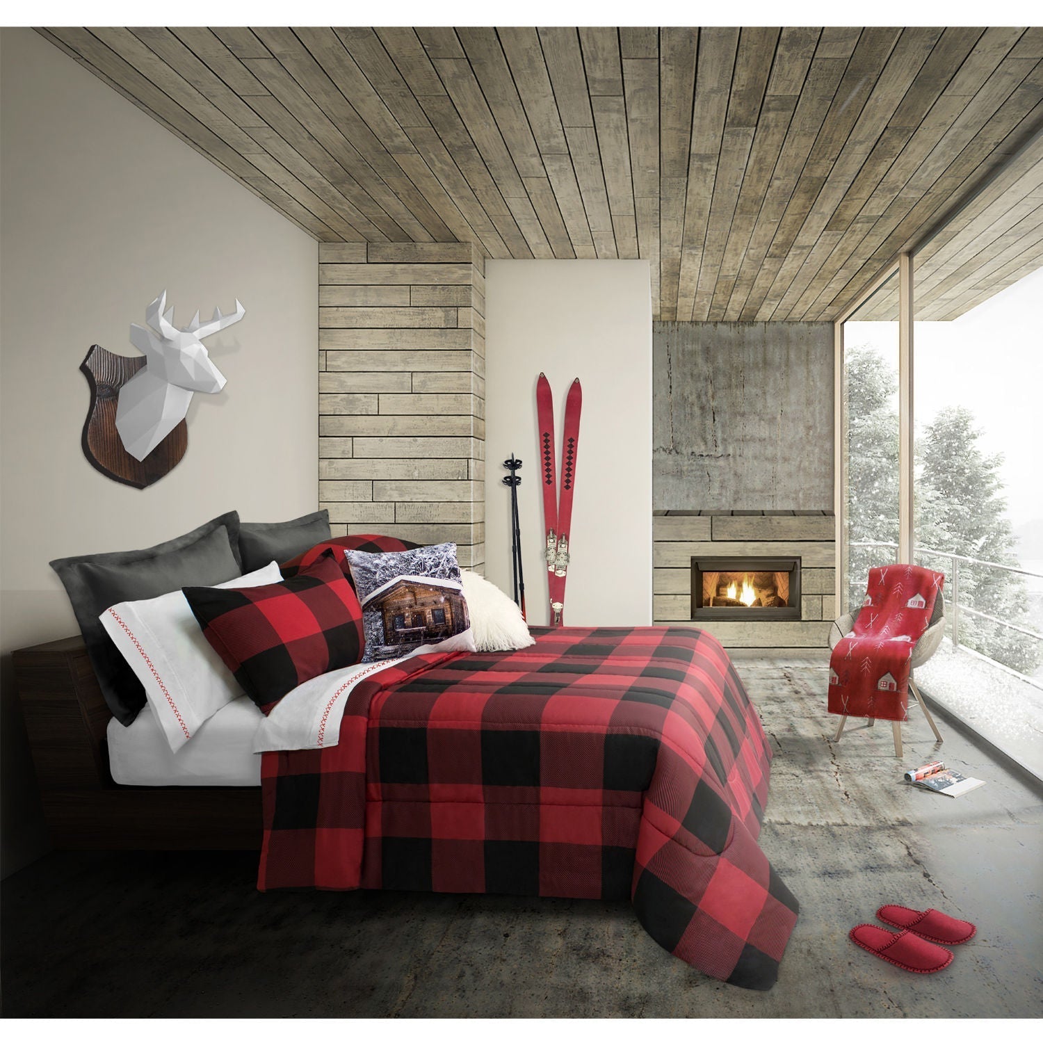 Comforter Bedding Set 3 Piece Reversible King Buffalo Plaid Red/Black -Cabin 