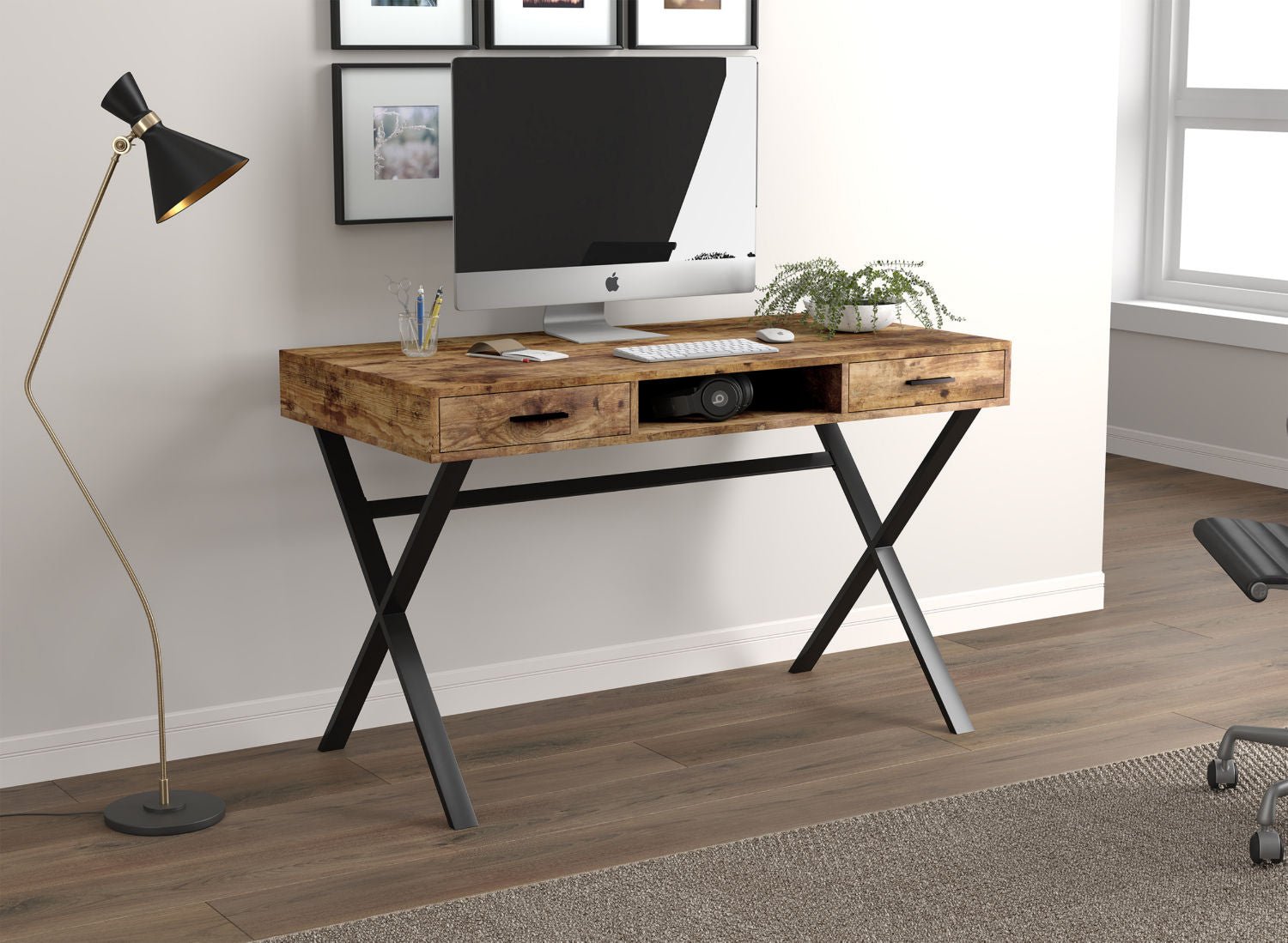 Computer Gaming Desk Brown Reclaimed Wood 2 Drawers 1 Shelf Black Metal 