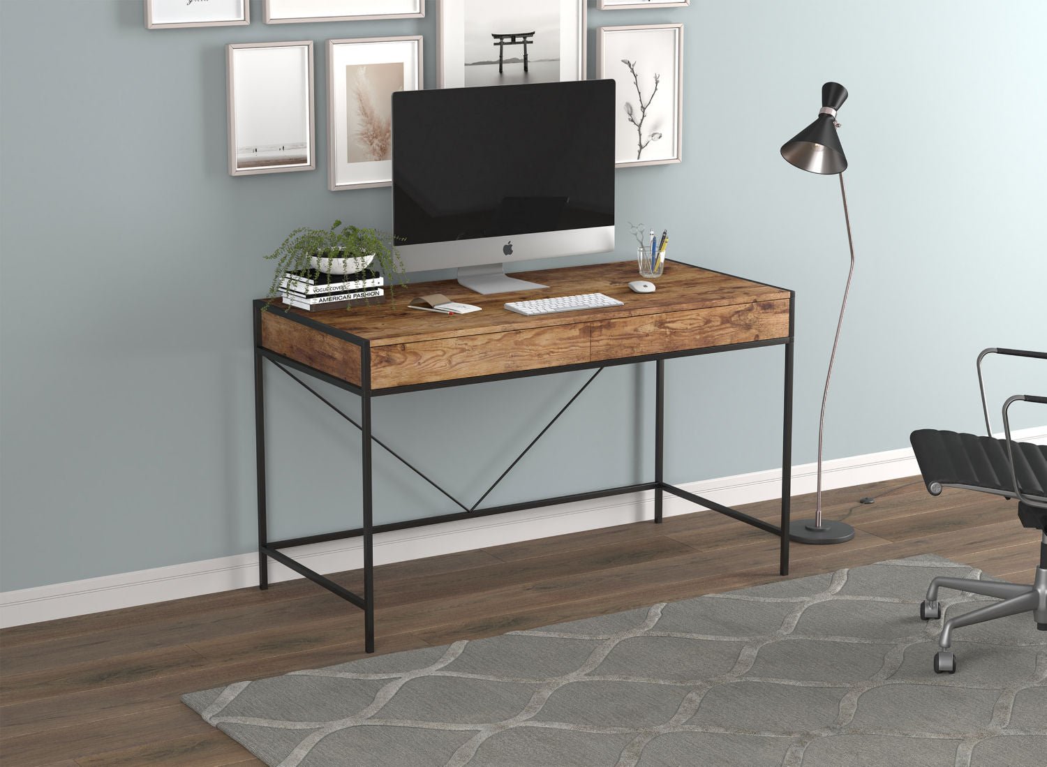 Computer Gaming Desk Brown Reclaimed Wood 2 Drawers Black Metal 
