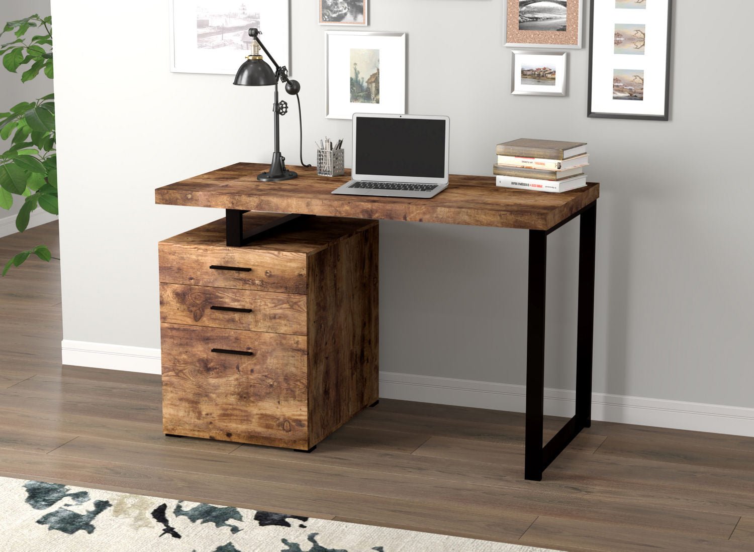 Computer Gaming Desk Brown Reclaimed Wood 3 Drawers Black Metal 