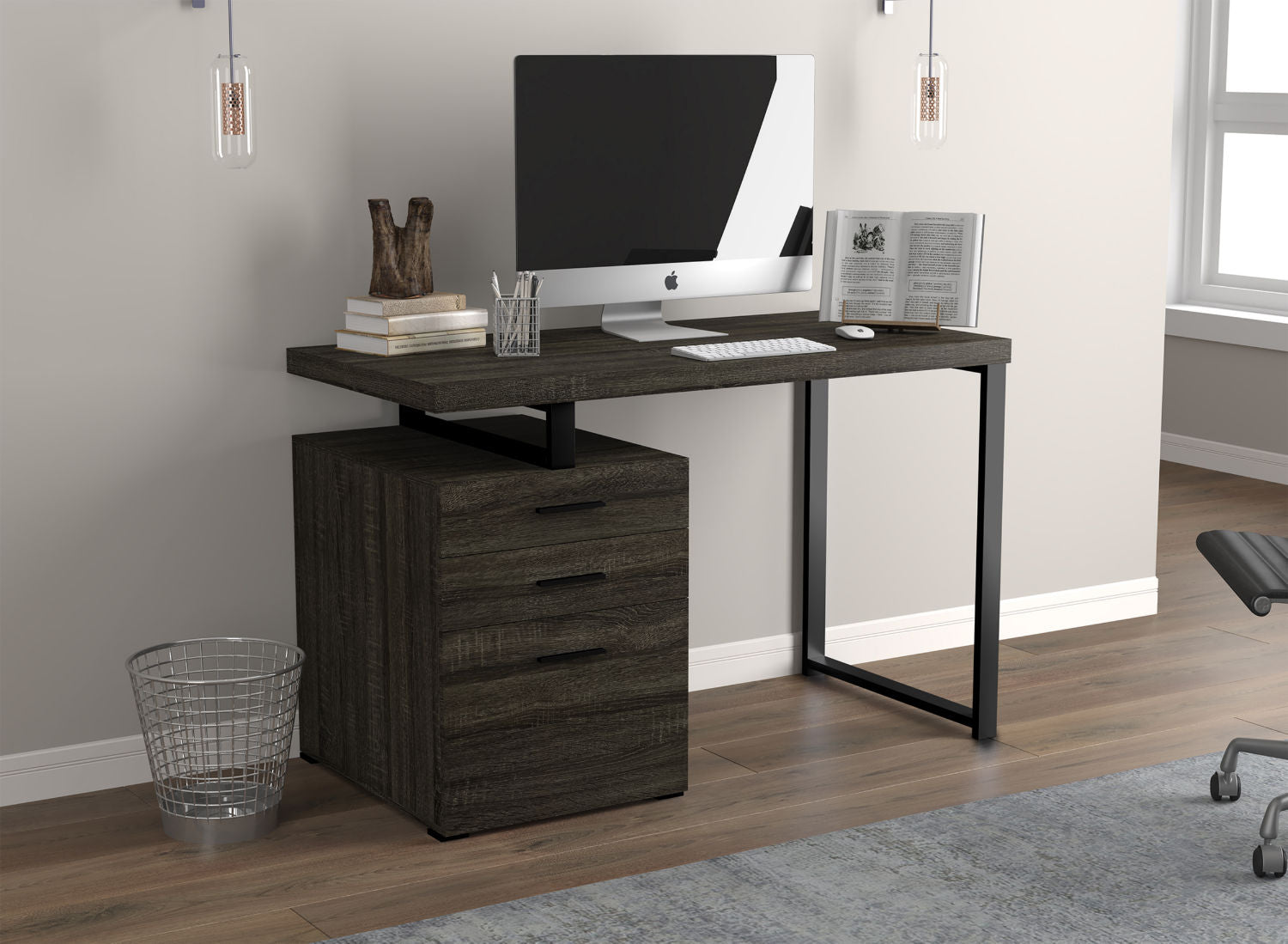 Computer Gaming Desk Dark Grey 3 Drawers Black Metal 