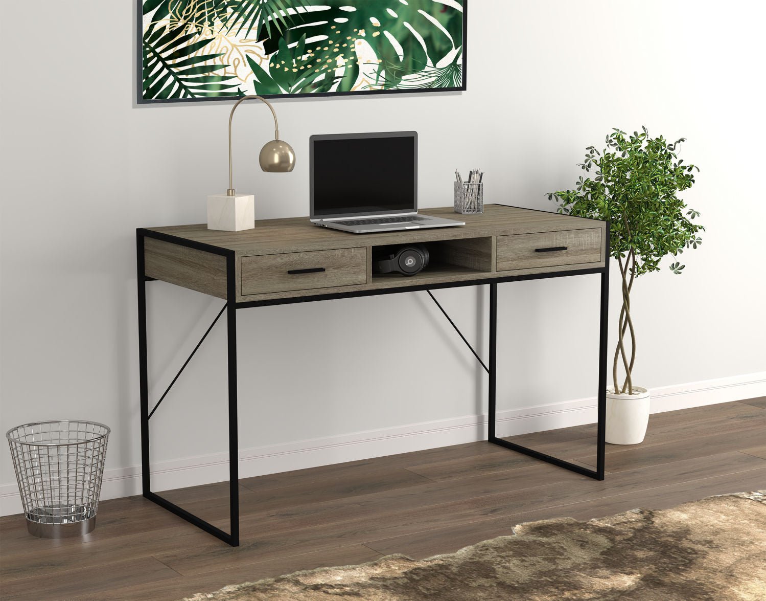 Computer Gaming Desk Dark Taupe 2 Drawers 1 Shelf Black Metal 