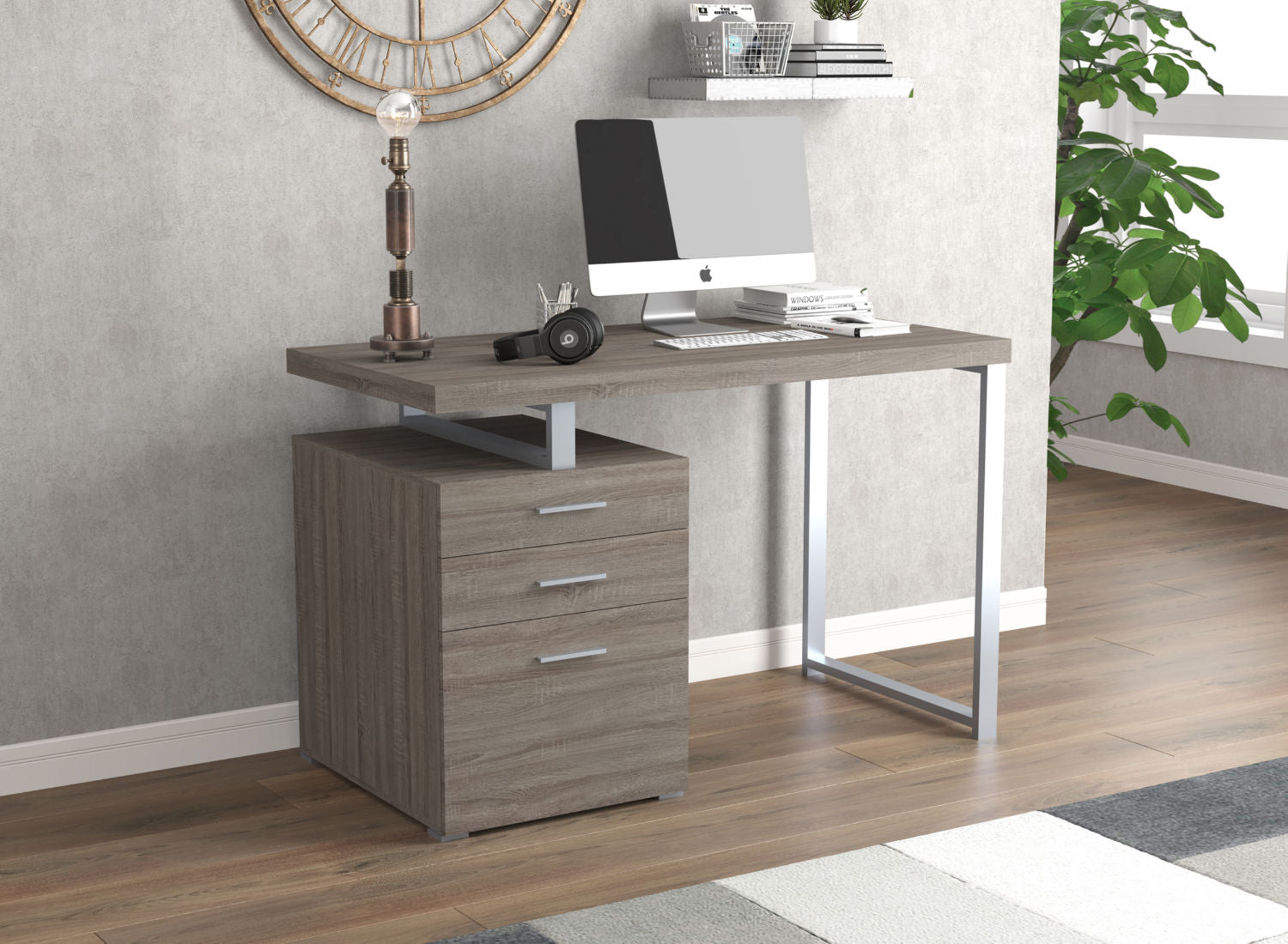 Computer Gaming Desk Dark Taupe 3 Drawers Silver Metal 