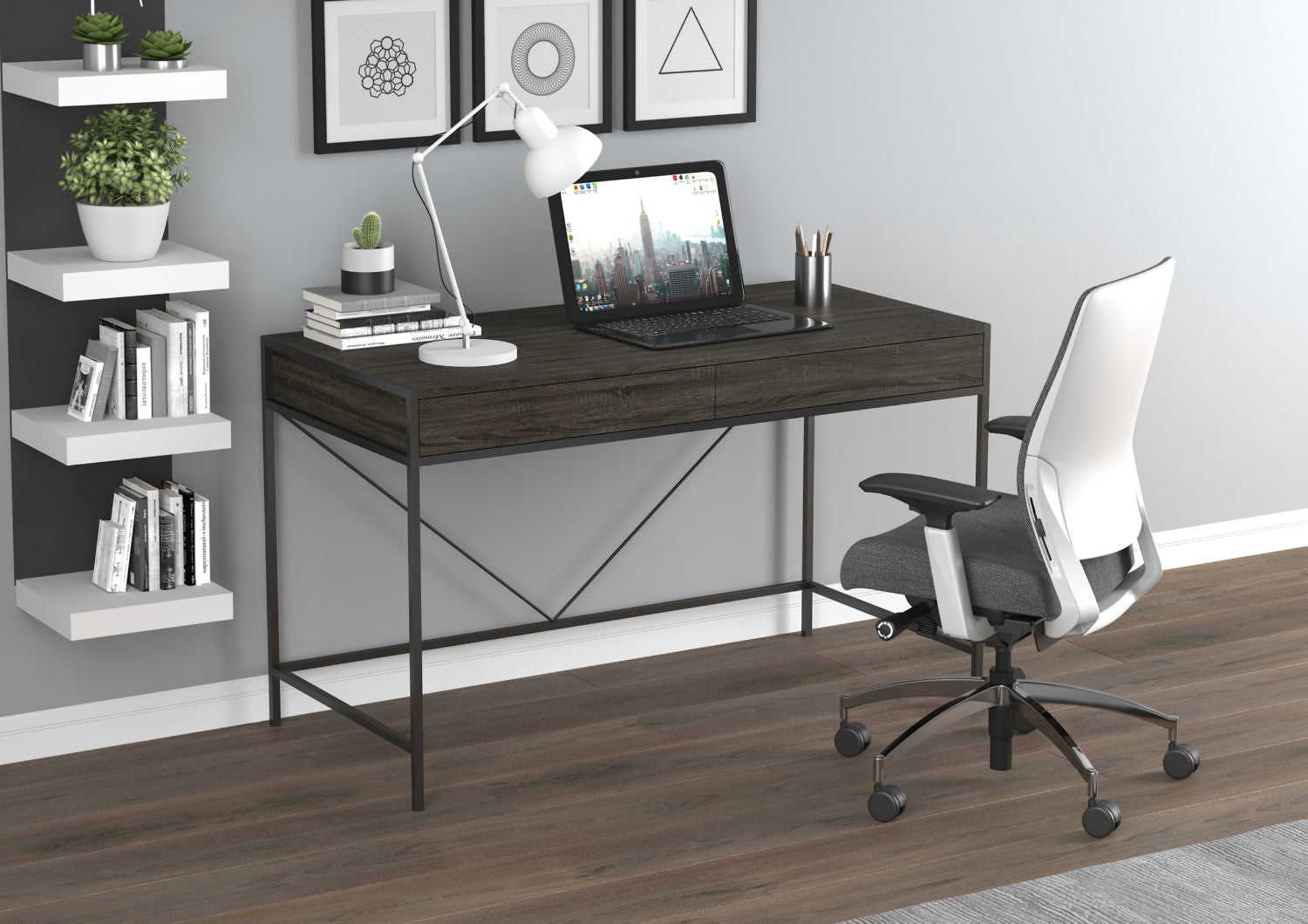 Computer Gaming Desk Grey Wood 2 Drawers Black Metal 