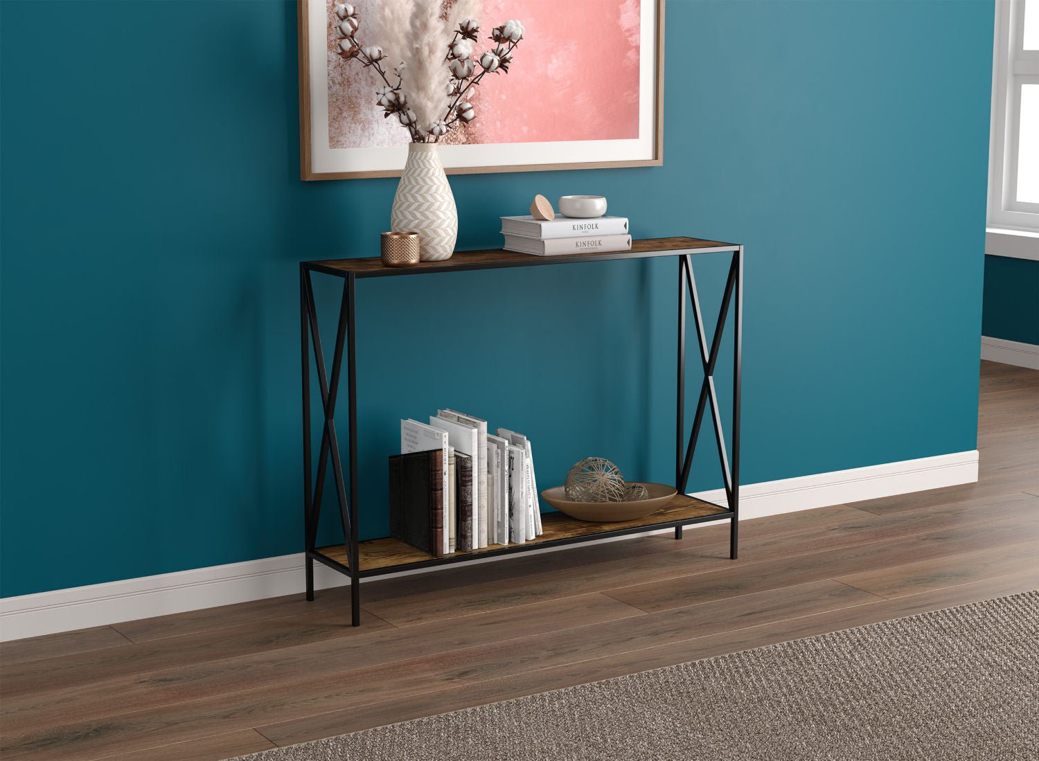 Console Sofa Table Brown Reclaimed Wood 1 Shelf Black Metal 