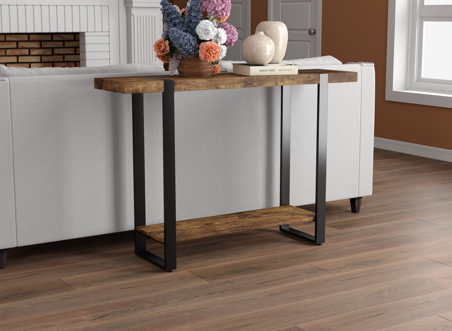 Console Sofa Table Brown Reclaimed Wood 1 Shelf Black Metal Base 
