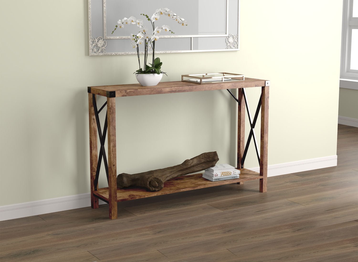 Console Sofa Table Brown Reclaimed Wood 1 Shelf Metal Sides 