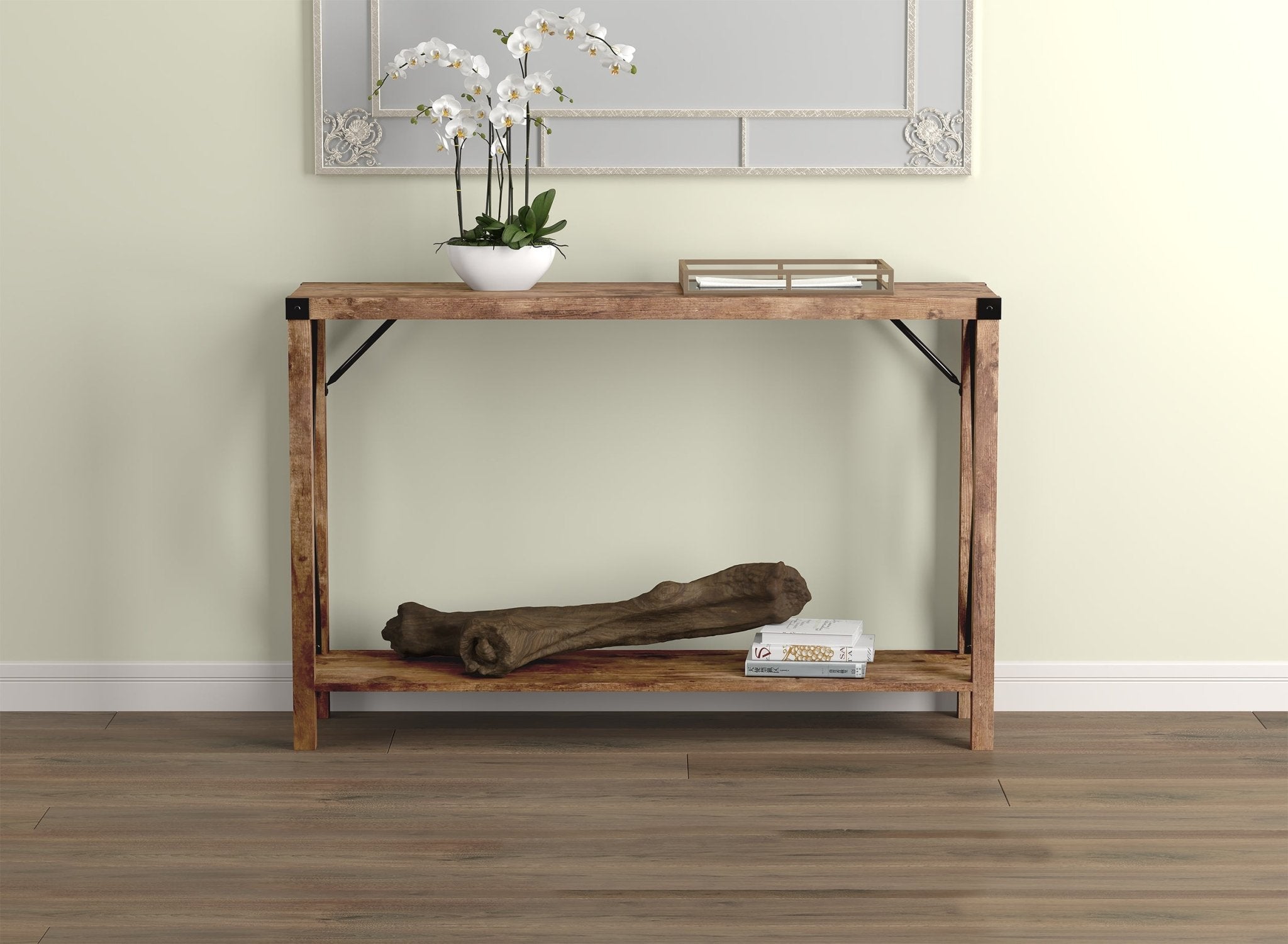 Console Sofa Table Brown Reclaimed Wood 1 Shelf Metal Sides 