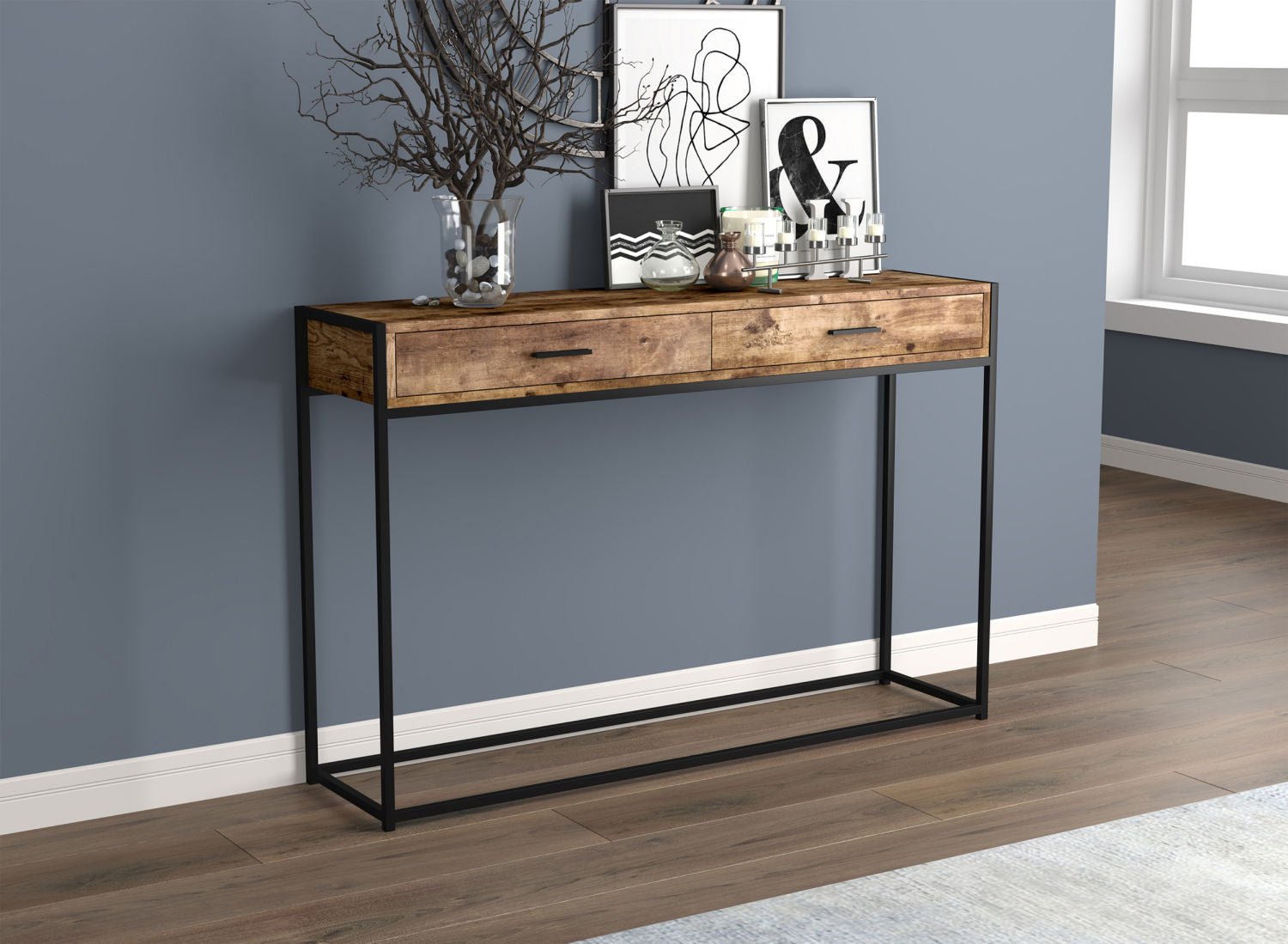 Console Sofa Table Brown Reclaimed Wood 2 Drawers Black Metal 