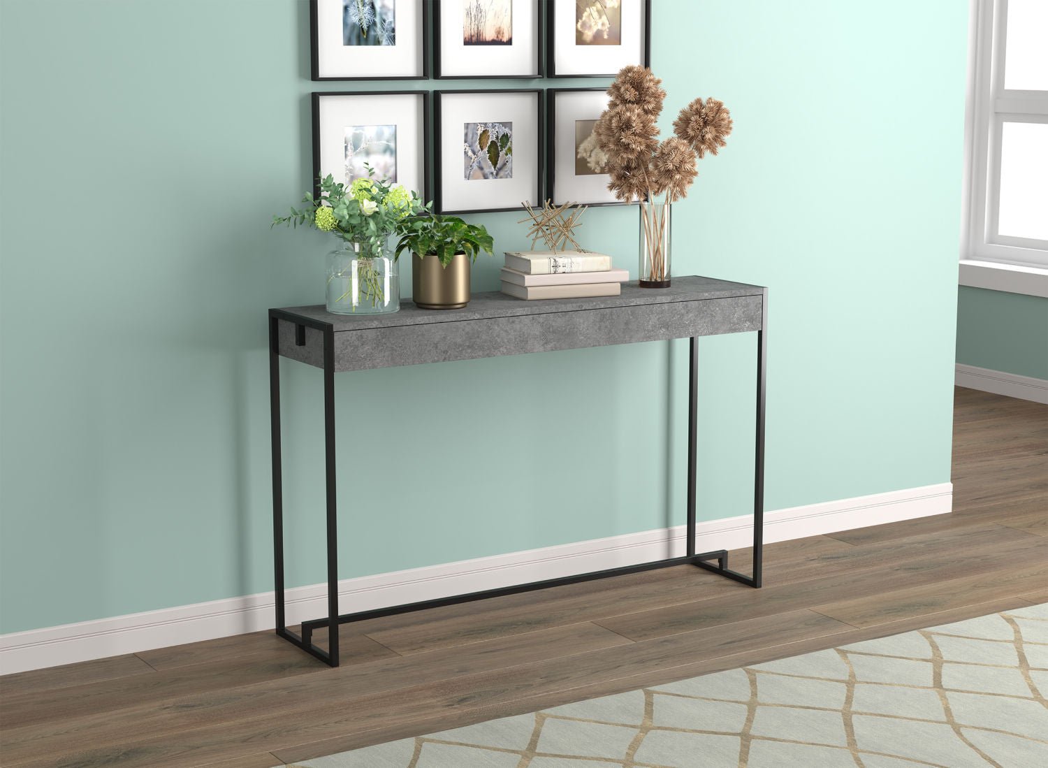 Console Sofa Table Dark Cement Black Metal 