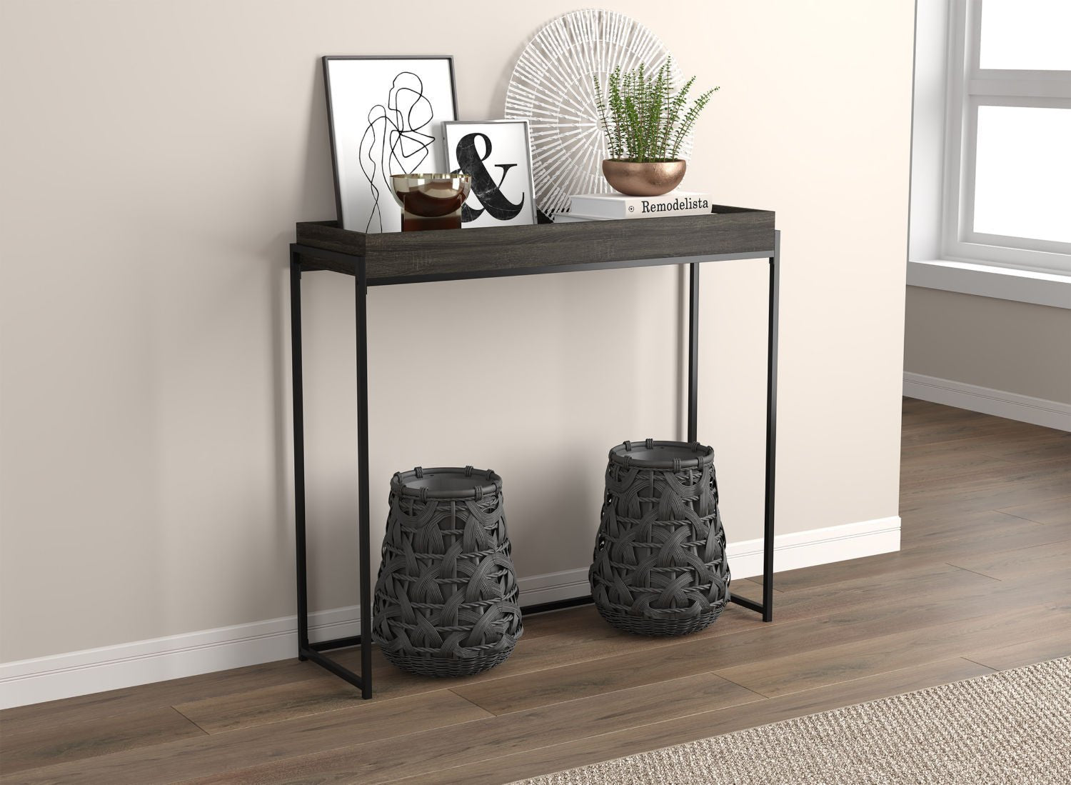 Console Sofa Table Dark Grey Sunken Tray Top 