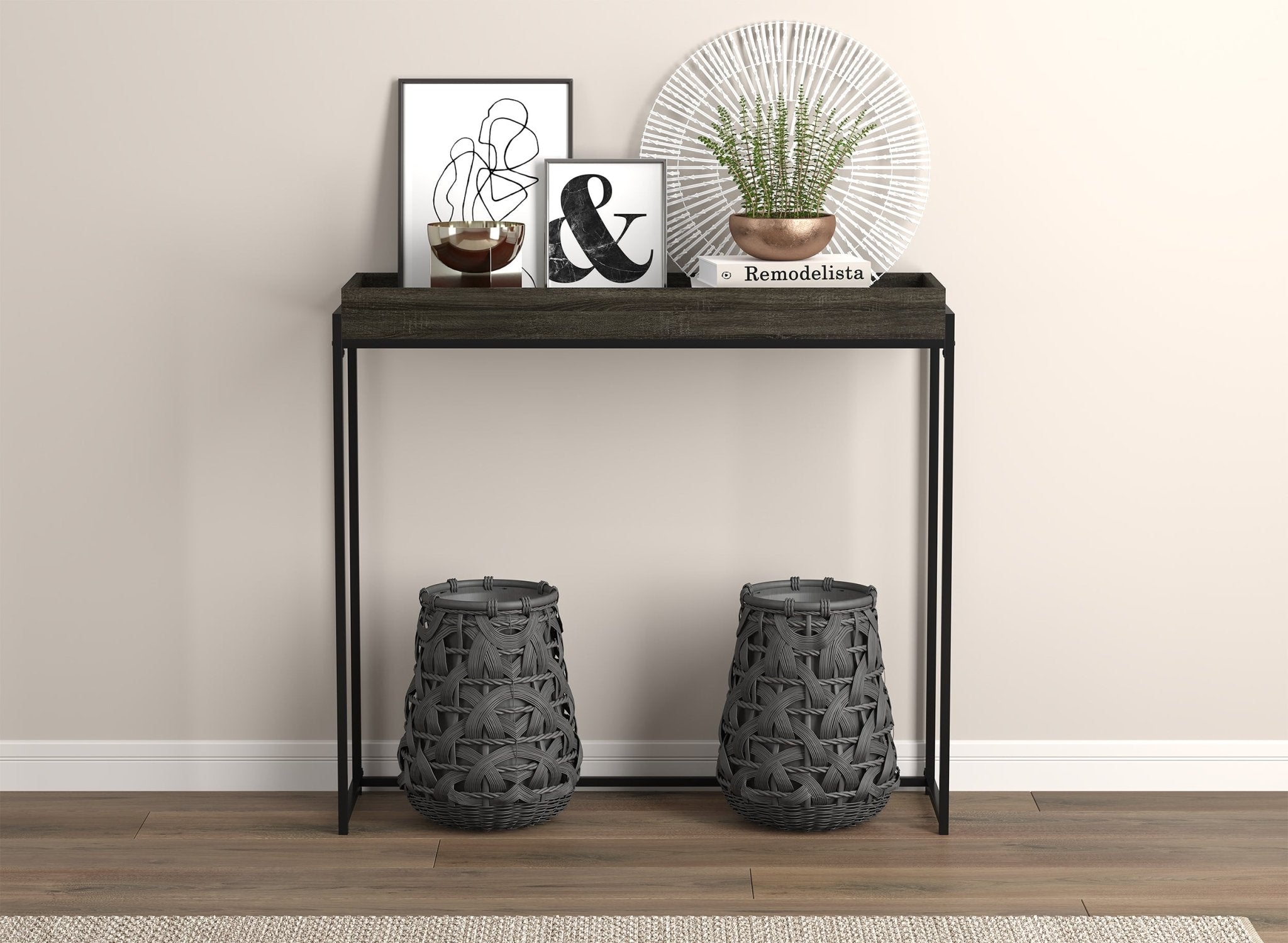 Console Sofa Table Dark Grey Sunken Tray Top 