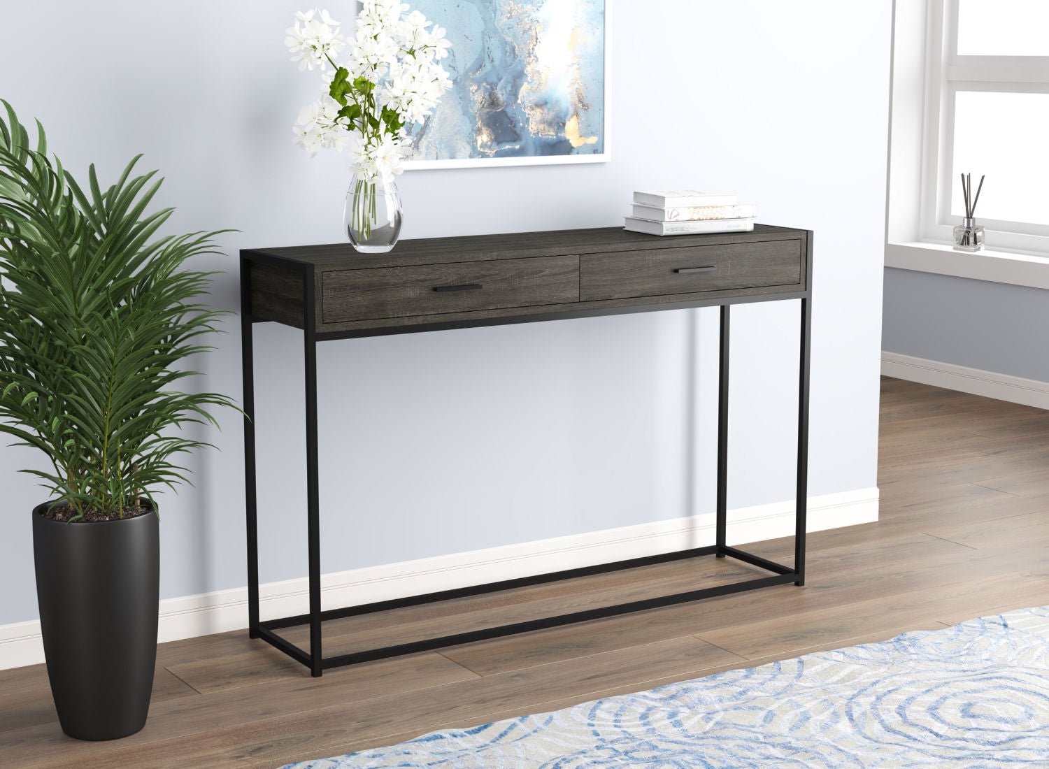 Console Sofa Table Dark Grey Wood Look 2 Drawers Black Metal Base 