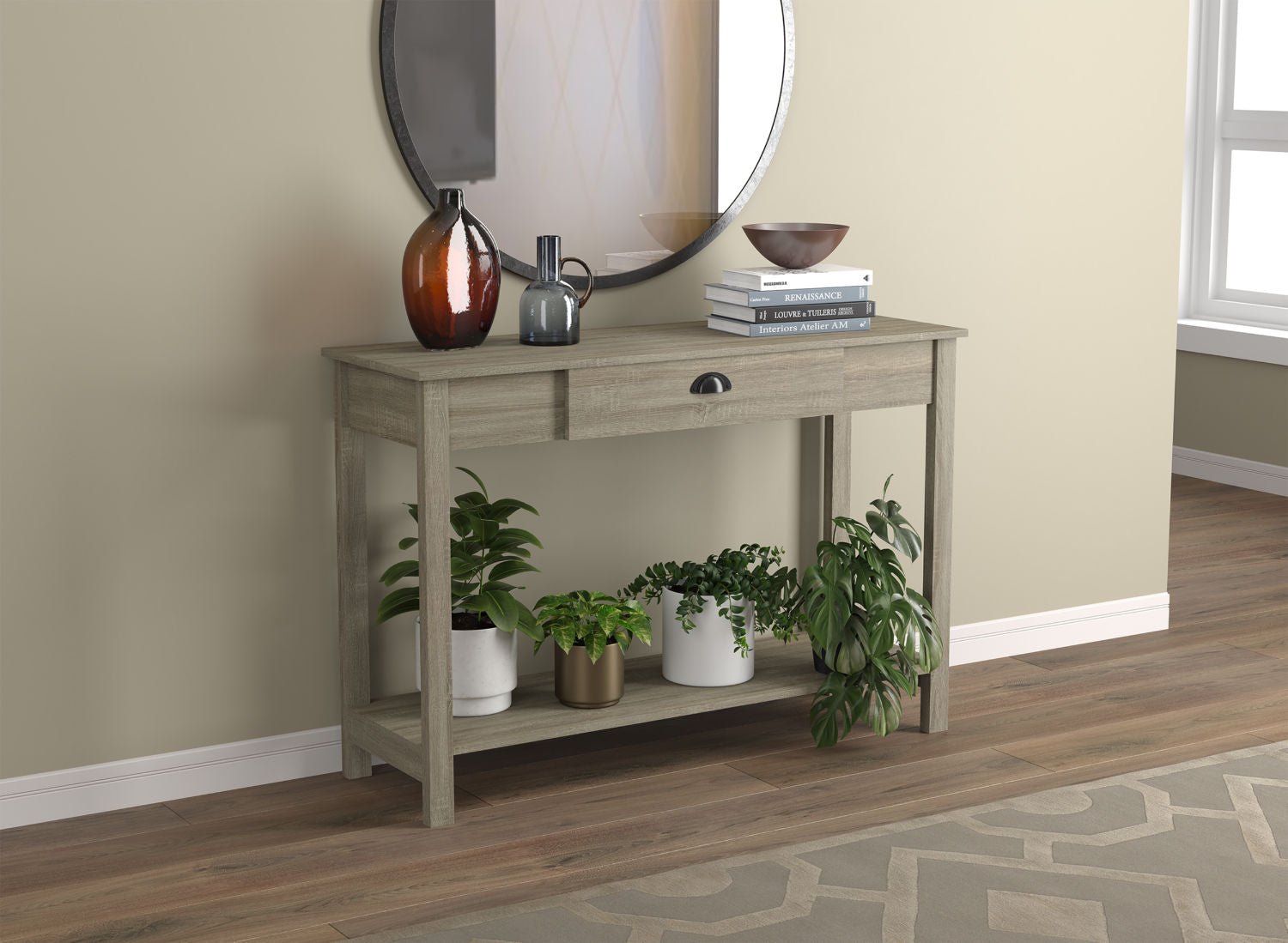 Console Sofa Table Dark Taupe 1 Drawer Black Metal Handle 