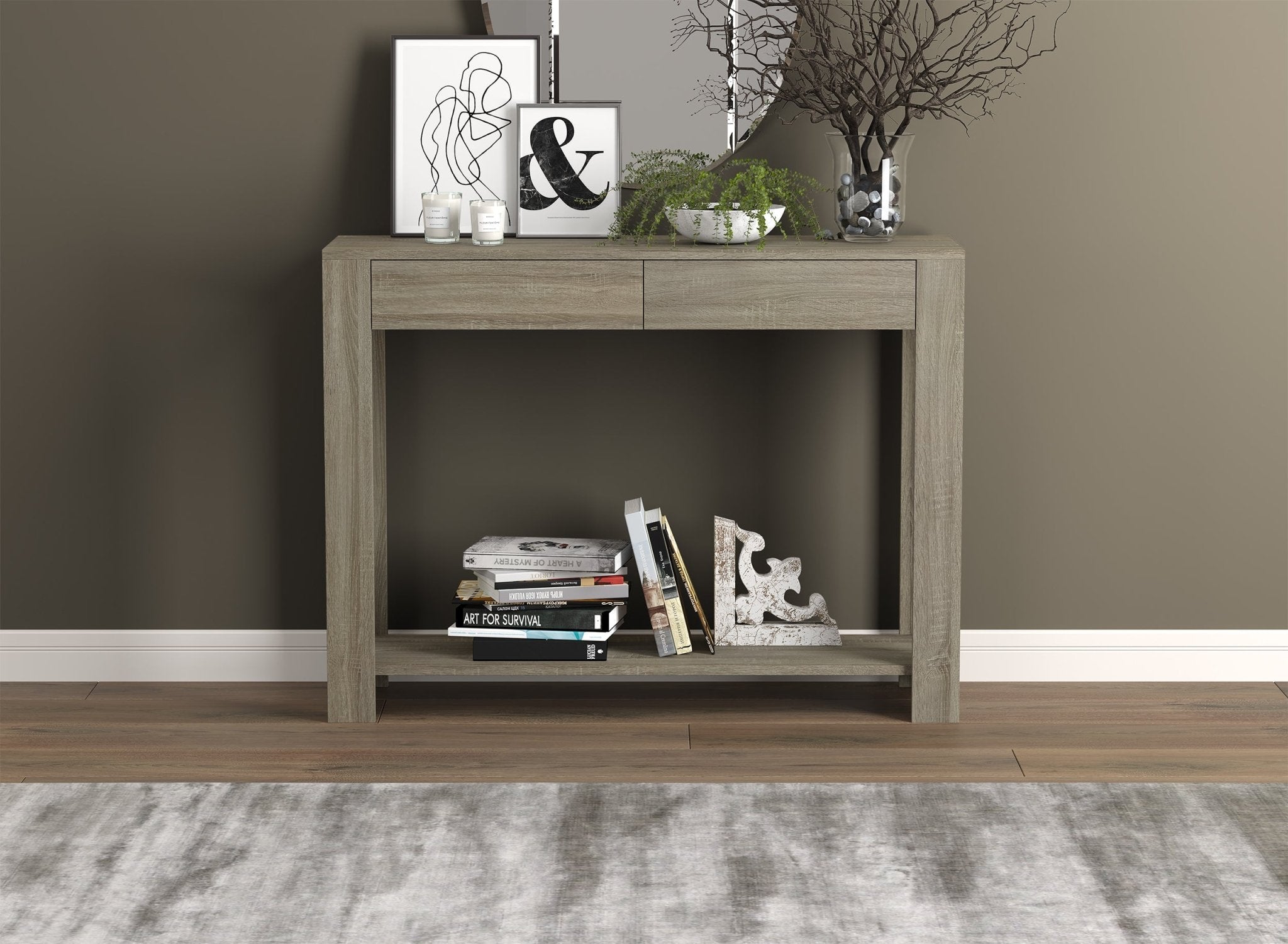 Console Sofa Table Dark Taupe 2 Drawers 1 Shelf 