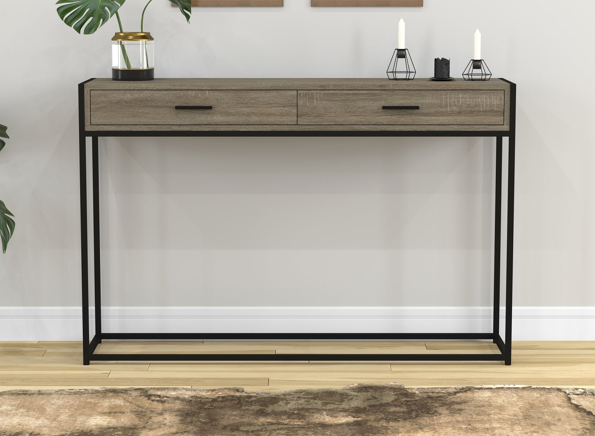 Console Sofa Table Dark Taupe 2 Drawers Black Metal Frame 