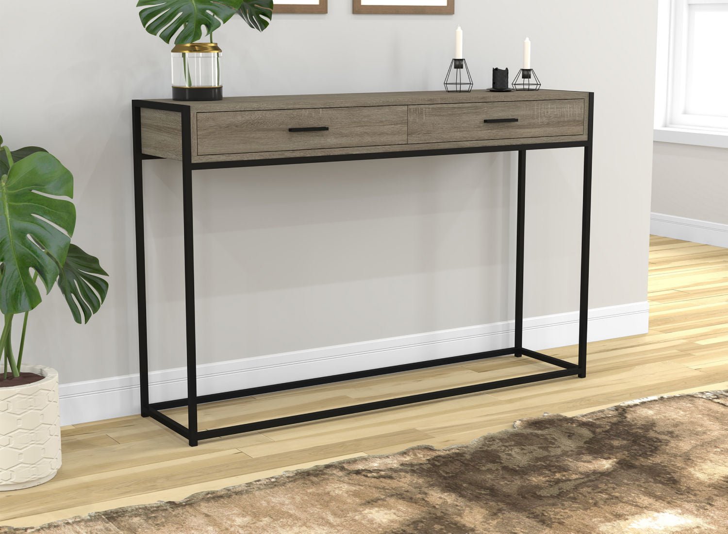 Console Sofa Table Dark Taupe 2 Drawers Black Metal Frame 