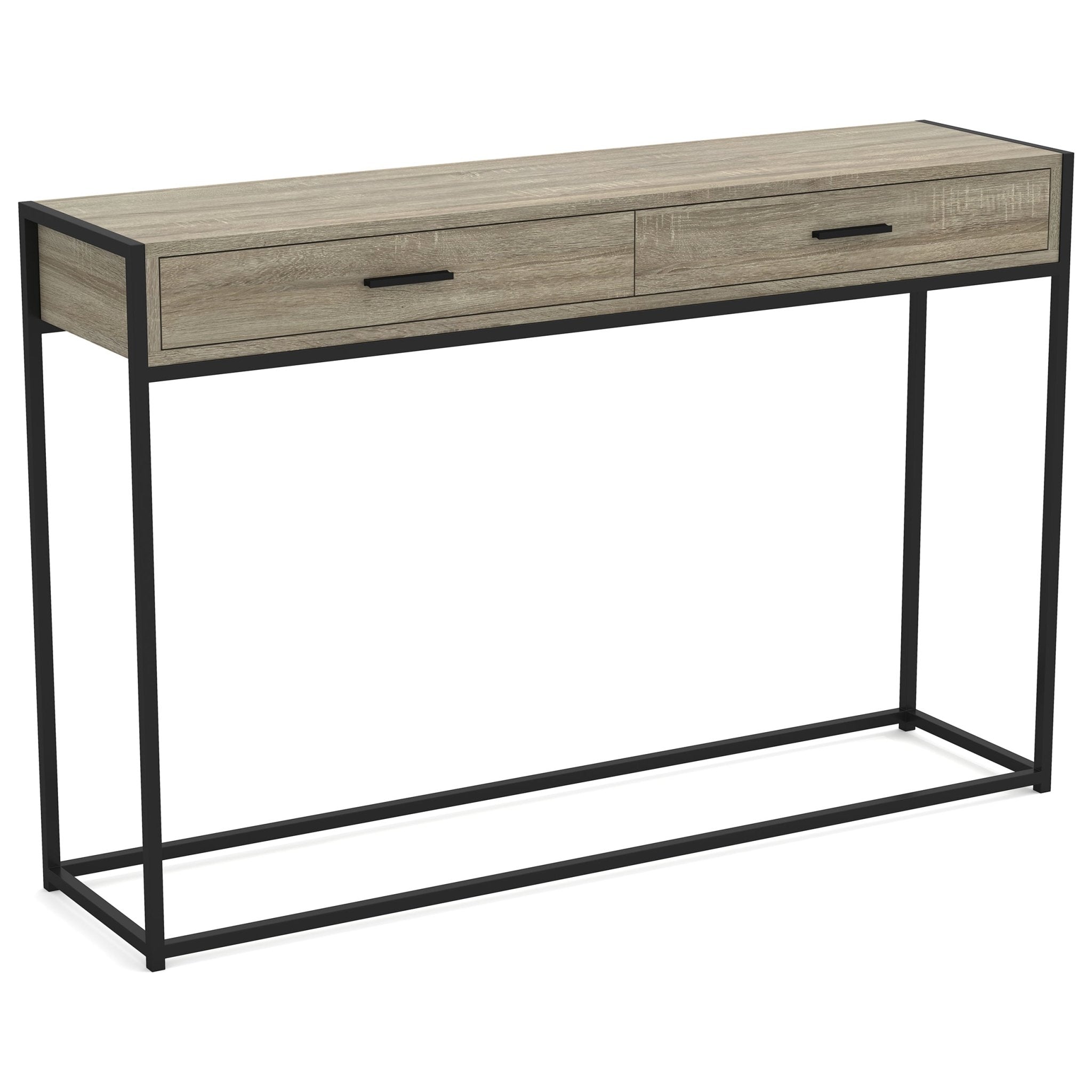 Console Sofa Table Dark Taupe 2 Drawers Black Metal Frame 