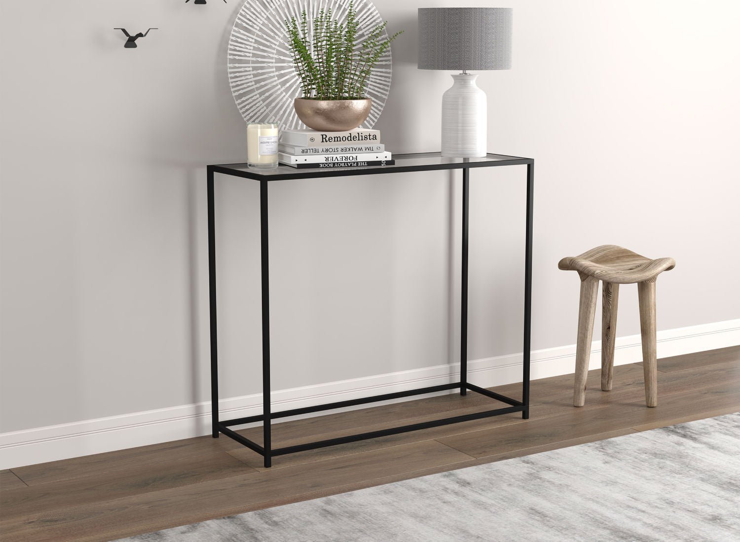 Console Sofa Table Glass Top Black Metal Base 