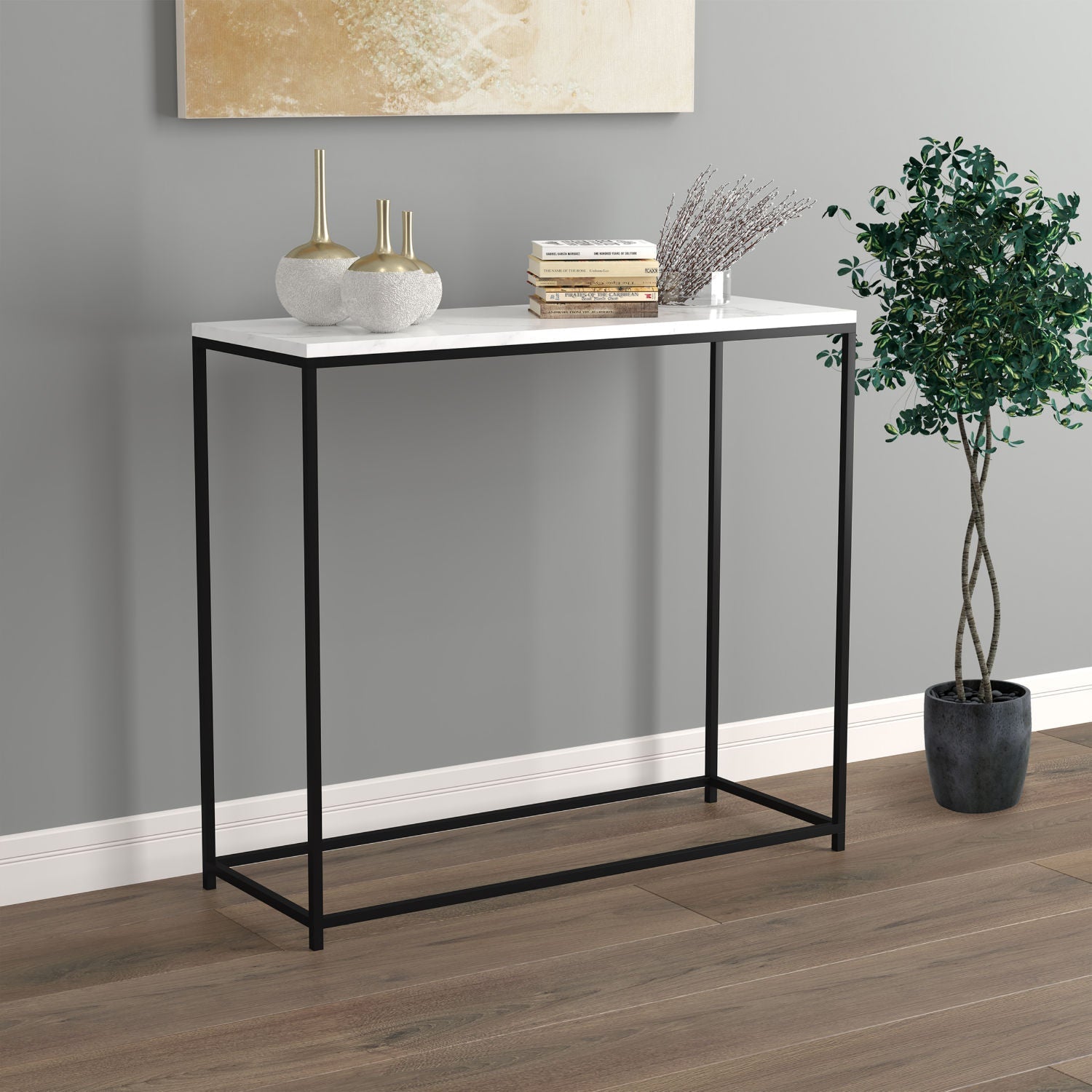 Console Sofa Table Marble Look Black Metal Base 